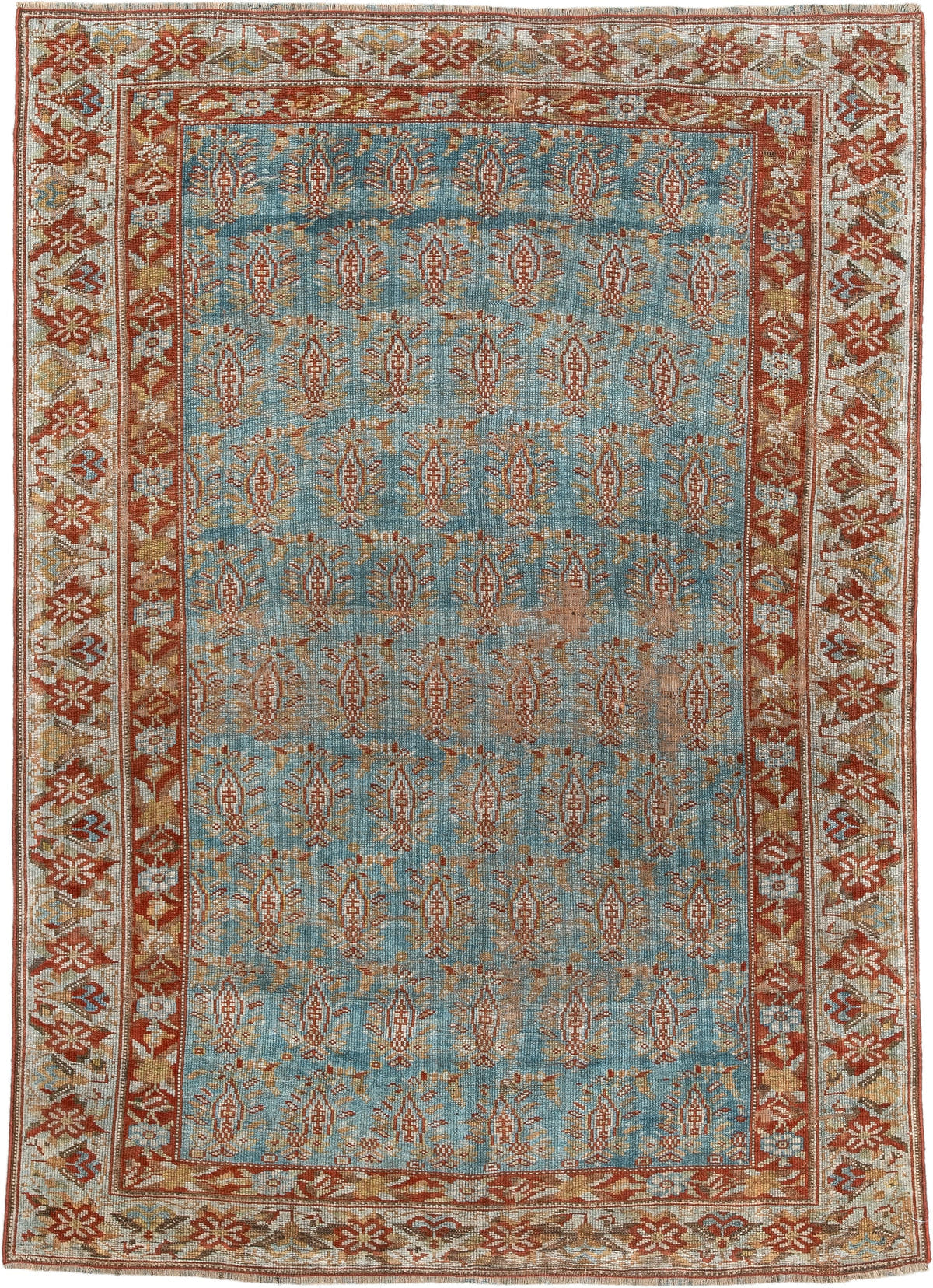 3' x 4' one-of-a-kind handmade antique Afshar small size rug. Color palette: light blue, ivory, rust, camel, gold, taupe