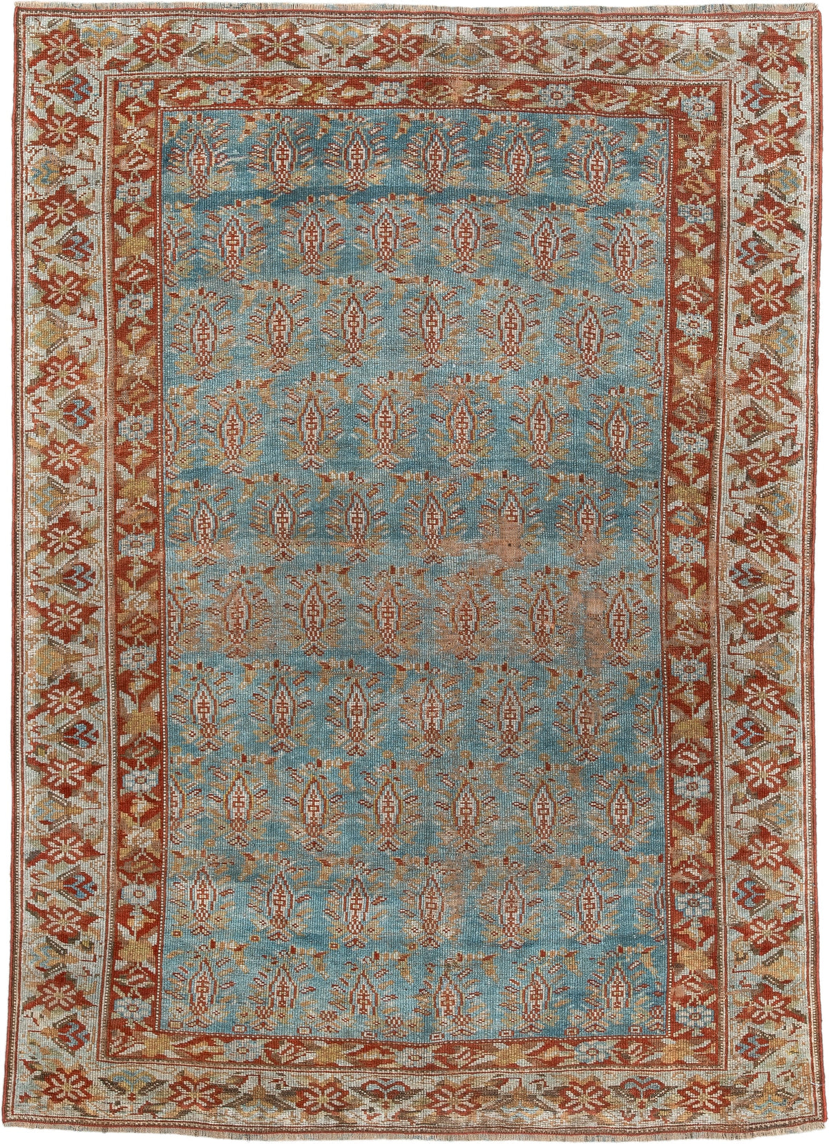 3' x 4' one-of-a-kind handmade antique Afshar small size rug. Color palette: light blue, ivory, rust, camel, gold, taupe