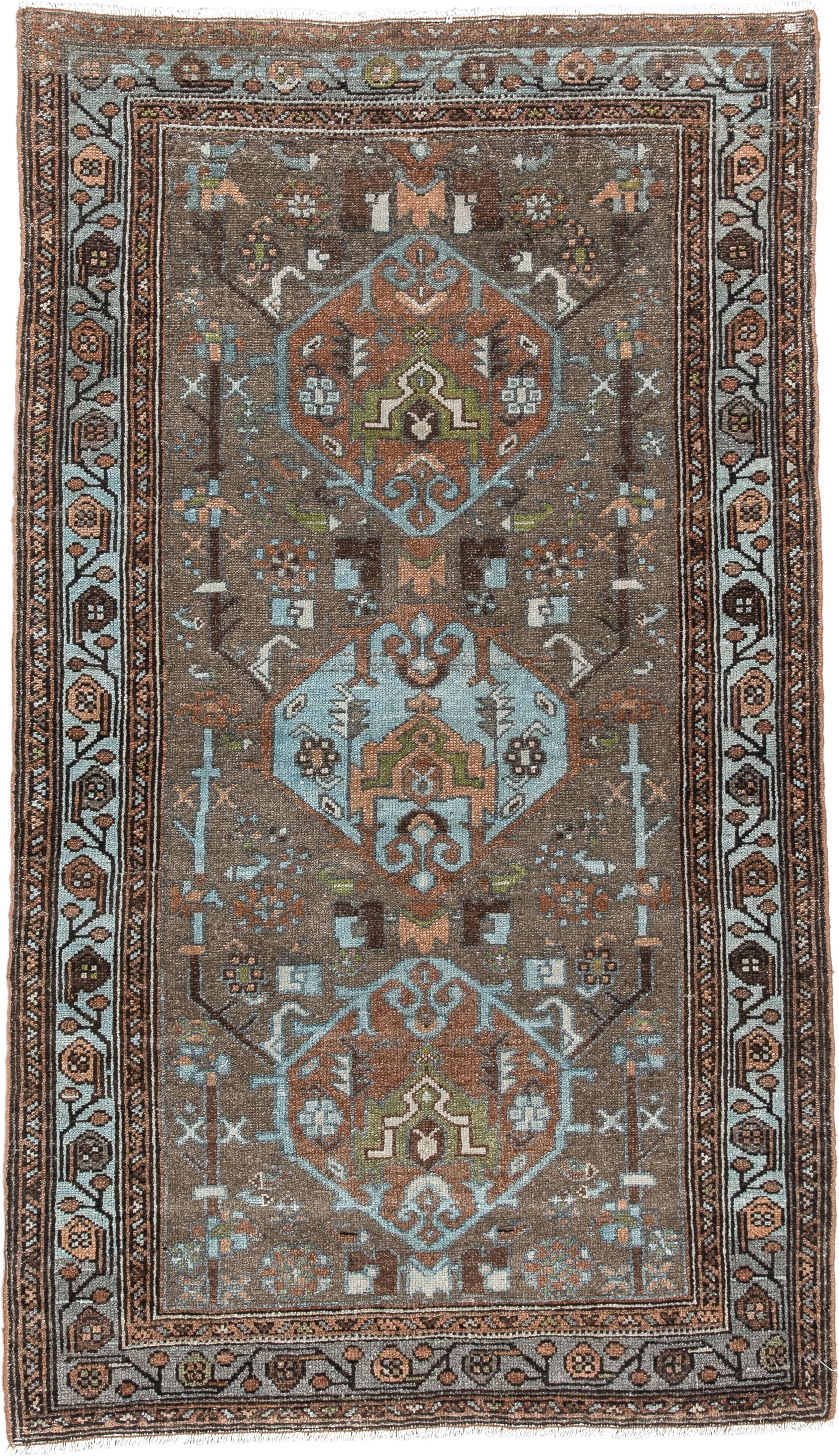 2' x 4' one-of-a-kind handmade vintage Malayer small size rug. Color palette: brown, sky blue, rust, ivory, taupe, olive