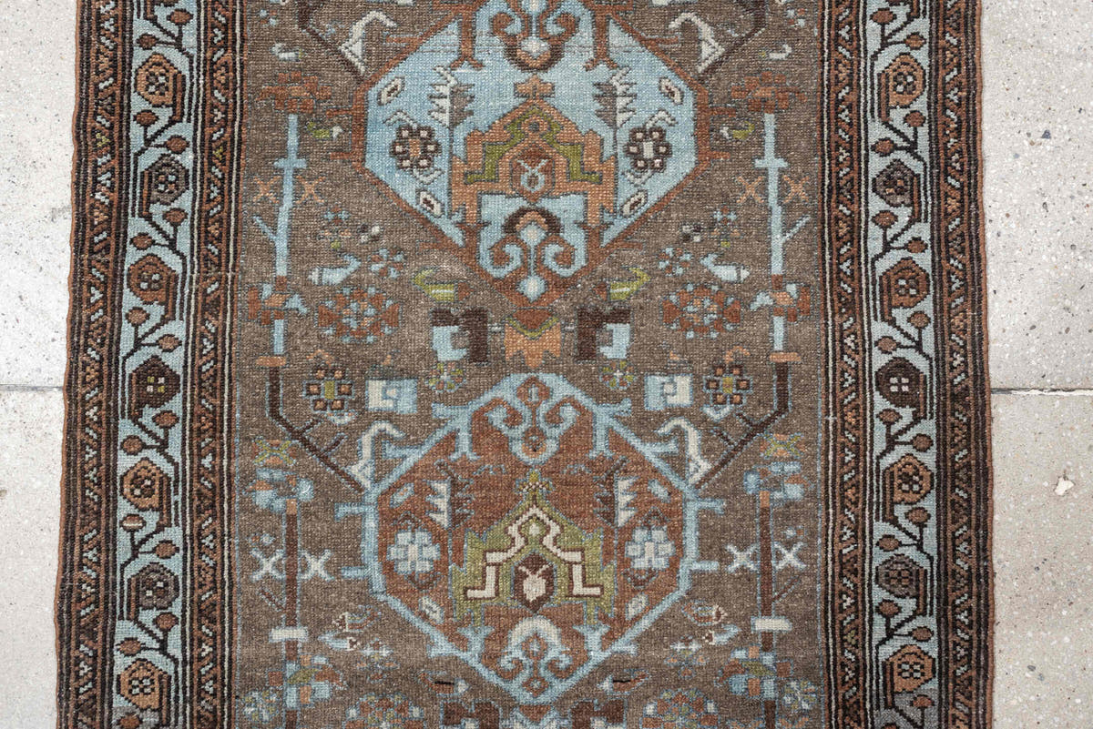 2' x 4' one-of-a-kind handmade vintage Malayer small size rug. Color palette: brown, sky blue, rust, ivory, taupe, olive