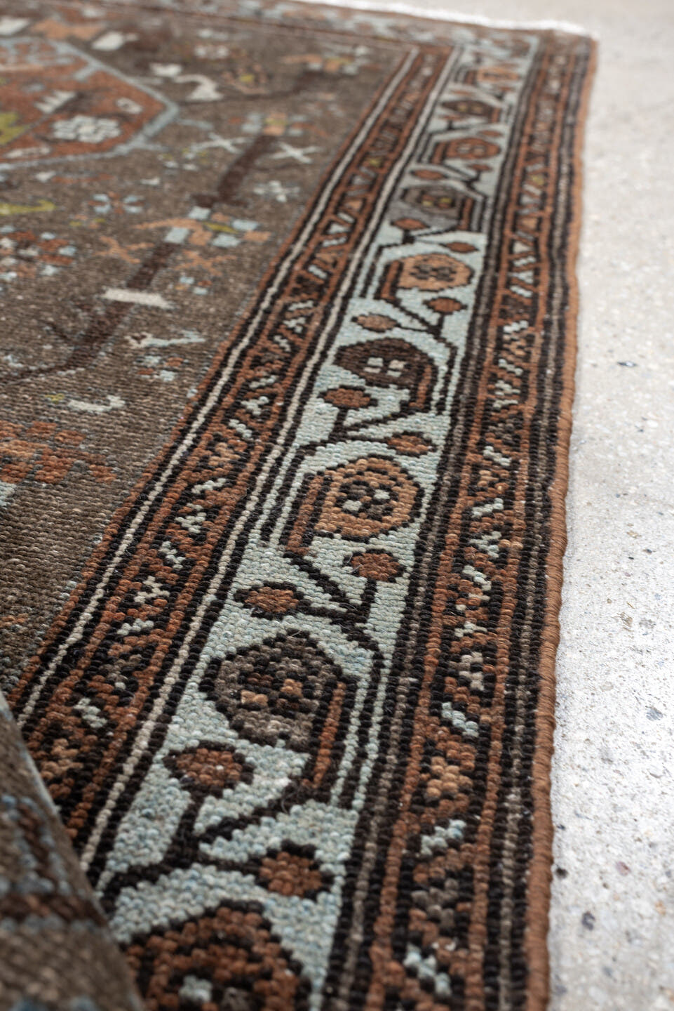 2' x 4' one-of-a-kind handmade vintage Malayer small size rug. Color palette: brown, sky blue, rust, ivory, taupe, olive