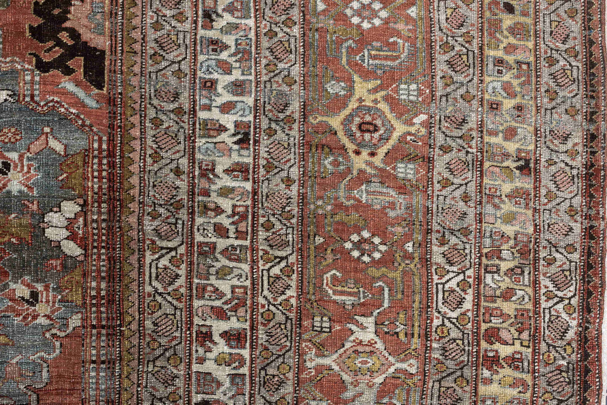 12' x 22' one-of-a-kind handmade antique Bidjar oversize rug. Color palette: terracotta, blue gray, ivory, rust, coral