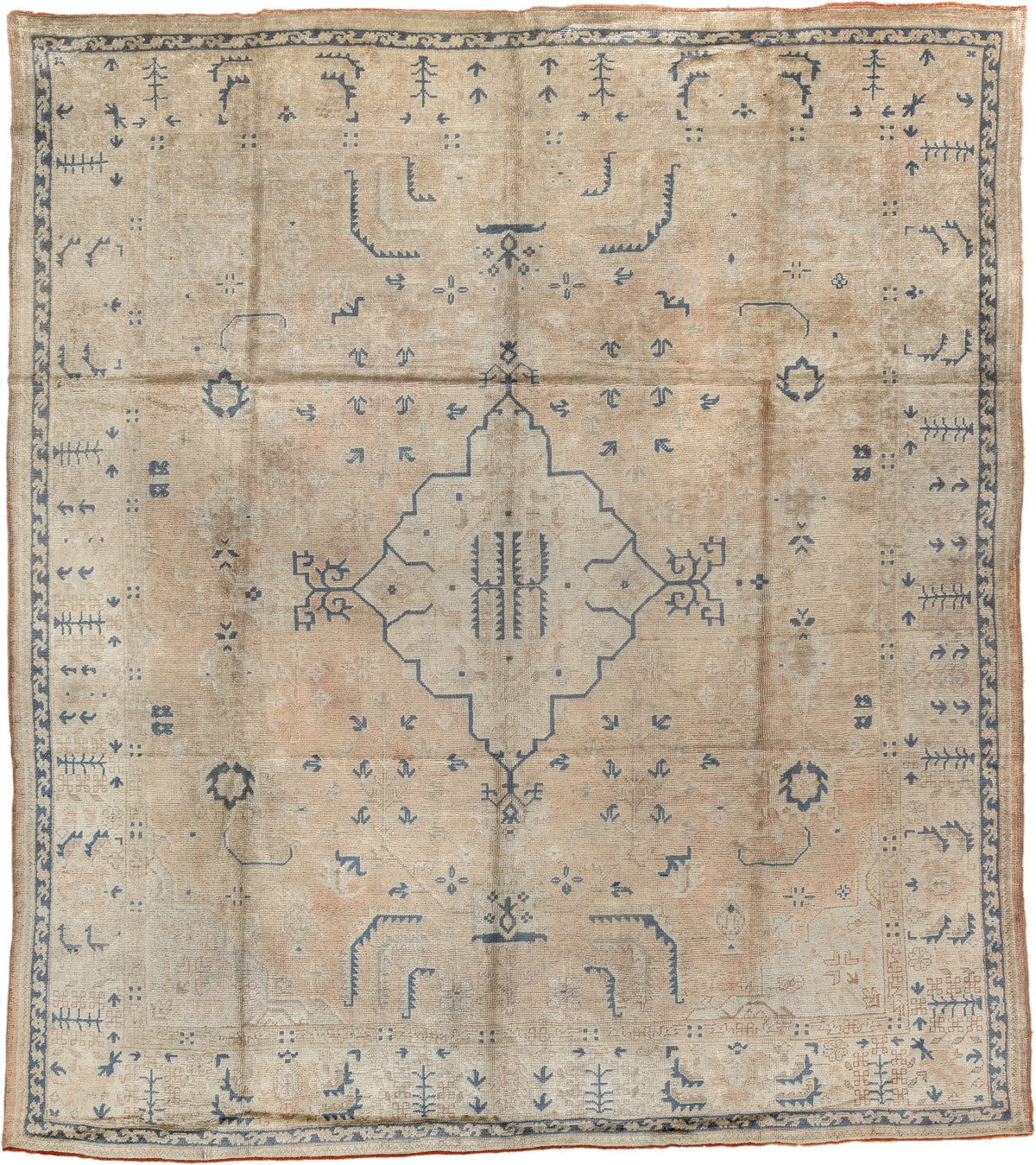 10' x 11' one-of-a-kind handmade antique Oushak large size rug. Color palette: camel, ivory, slate blue, taupe, terracotta