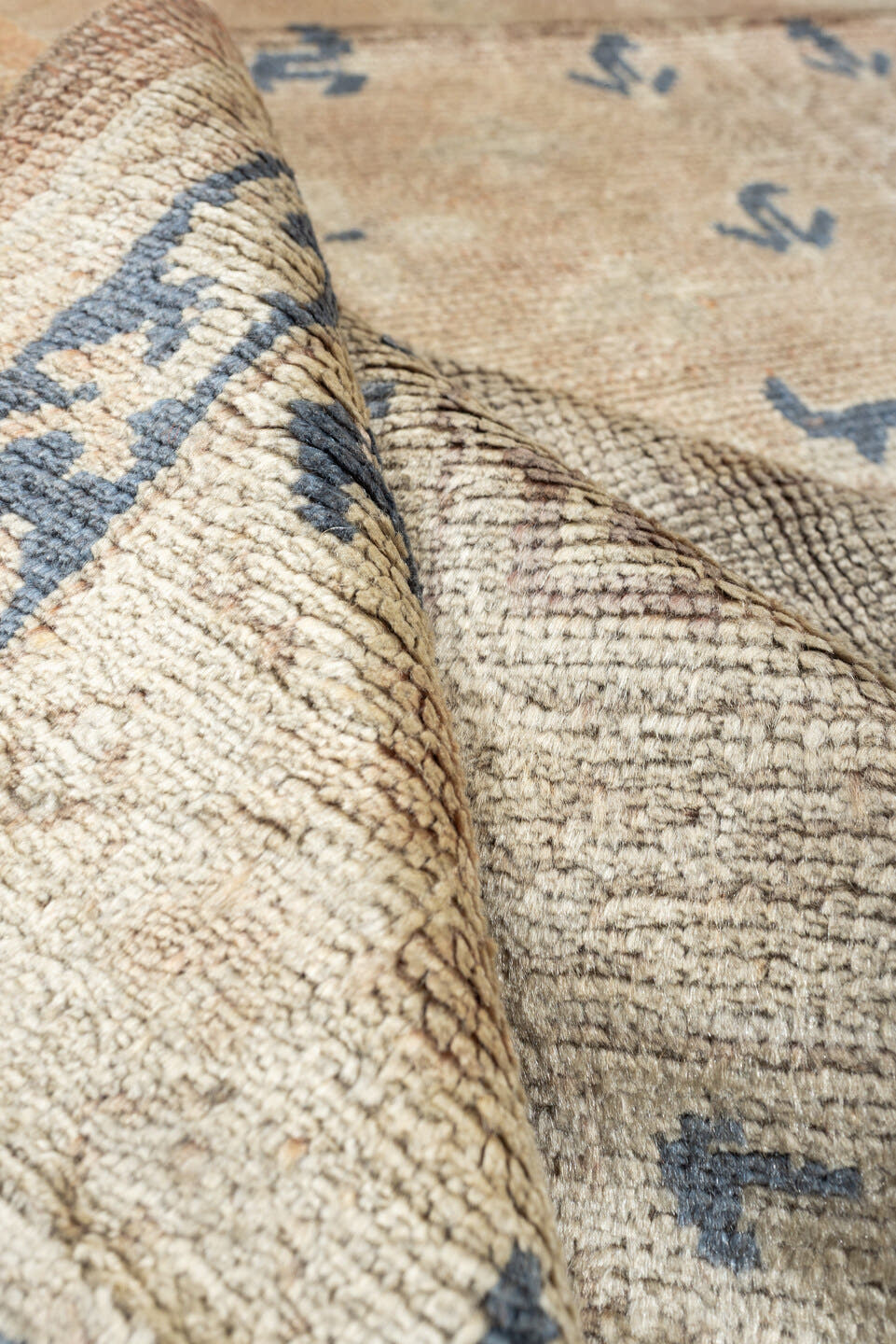 10' x 11' one-of-a-kind handmade antique Oushak large size rug. Color palette: camel, ivory, slate blue, taupe, terracotta