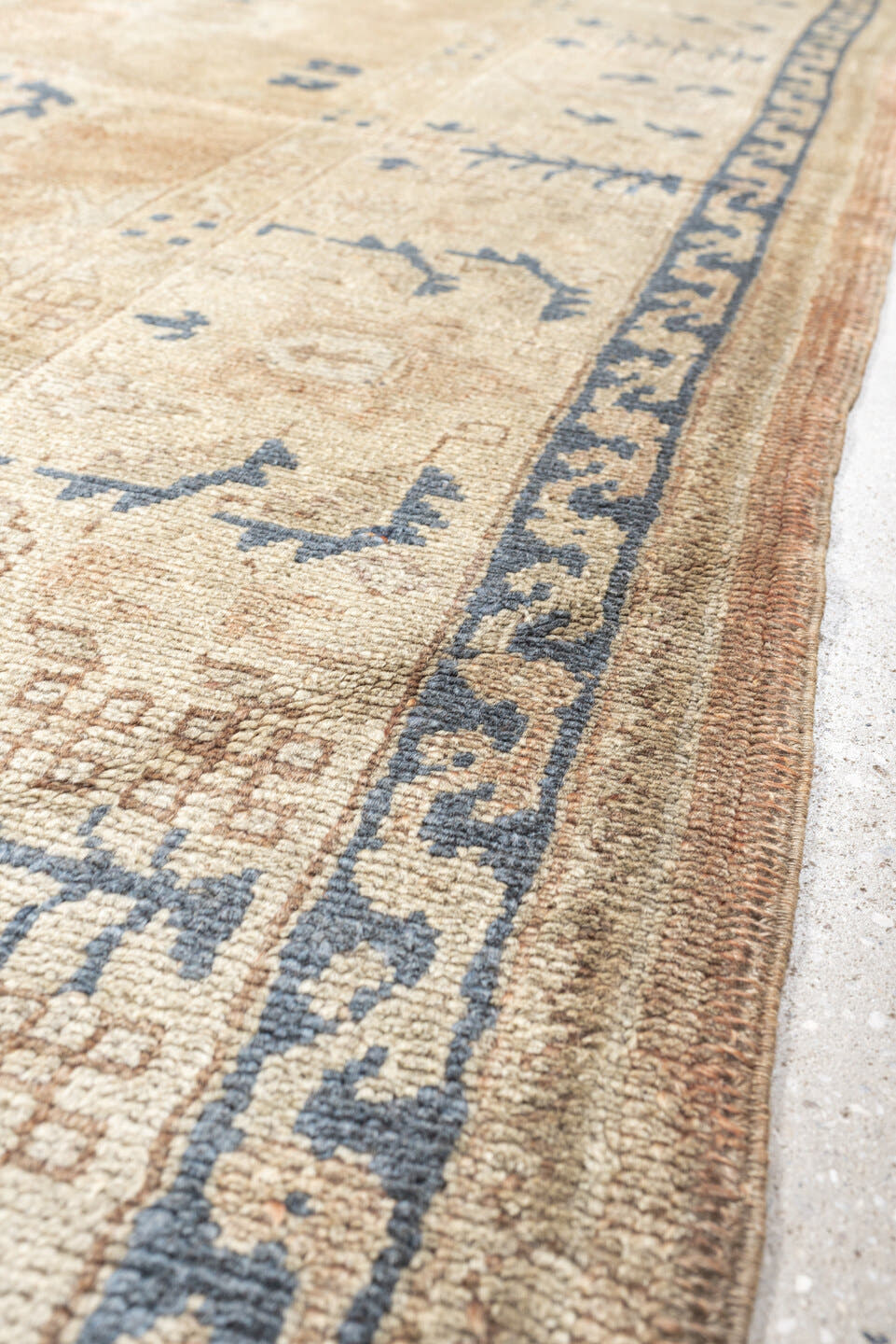 10' x 11' one-of-a-kind handmade antique Oushak large size rug. Color palette: camel, ivory, slate blue, taupe, terracotta