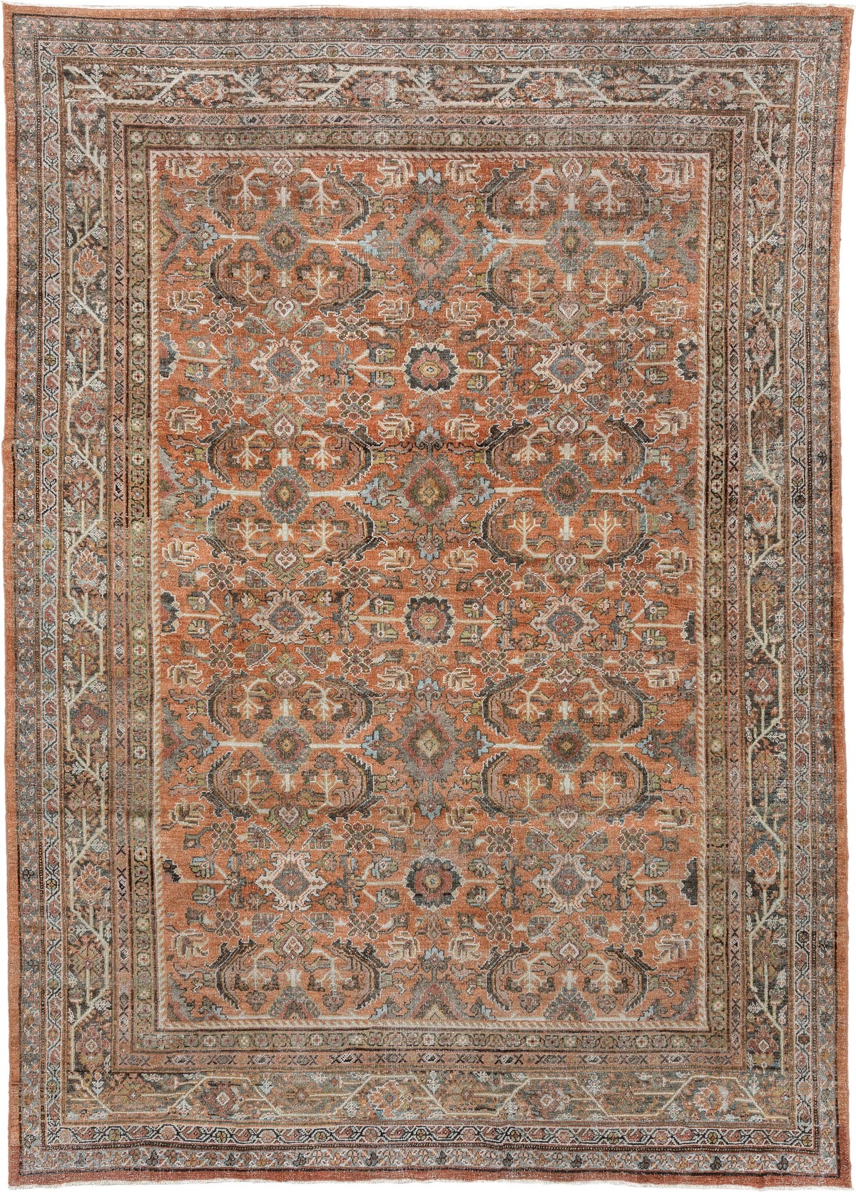 8' x 12' one-of-a-kind handmade antique Mahal large size rug. Color palette: terracotta, ivory, slate blue, charcoal, sage