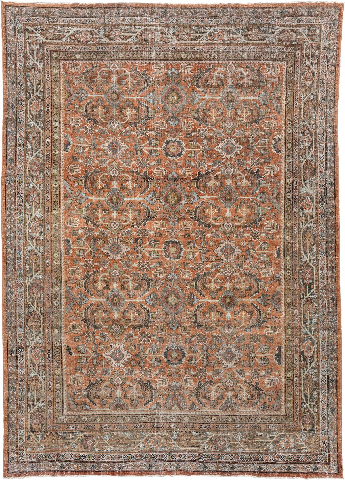 8' x 12' one-of-a-kind handmade antique Mahal large size rug. Color palette: terracotta, ivory, slate blue, charcoal, sage