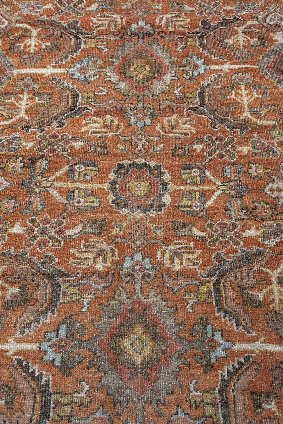 8' x 12' one-of-a-kind handmade antique Mahal large size rug. Color palette: terracotta, ivory, slate blue, charcoal, sage