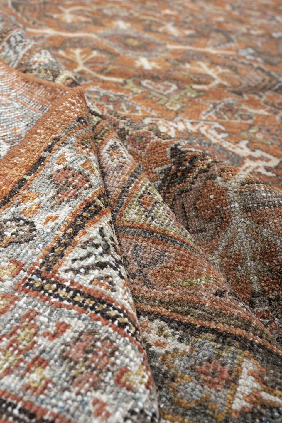 8' x 12' one-of-a-kind handmade antique Mahal large size rug. Color palette: terracotta, ivory, slate blue, charcoal, sage