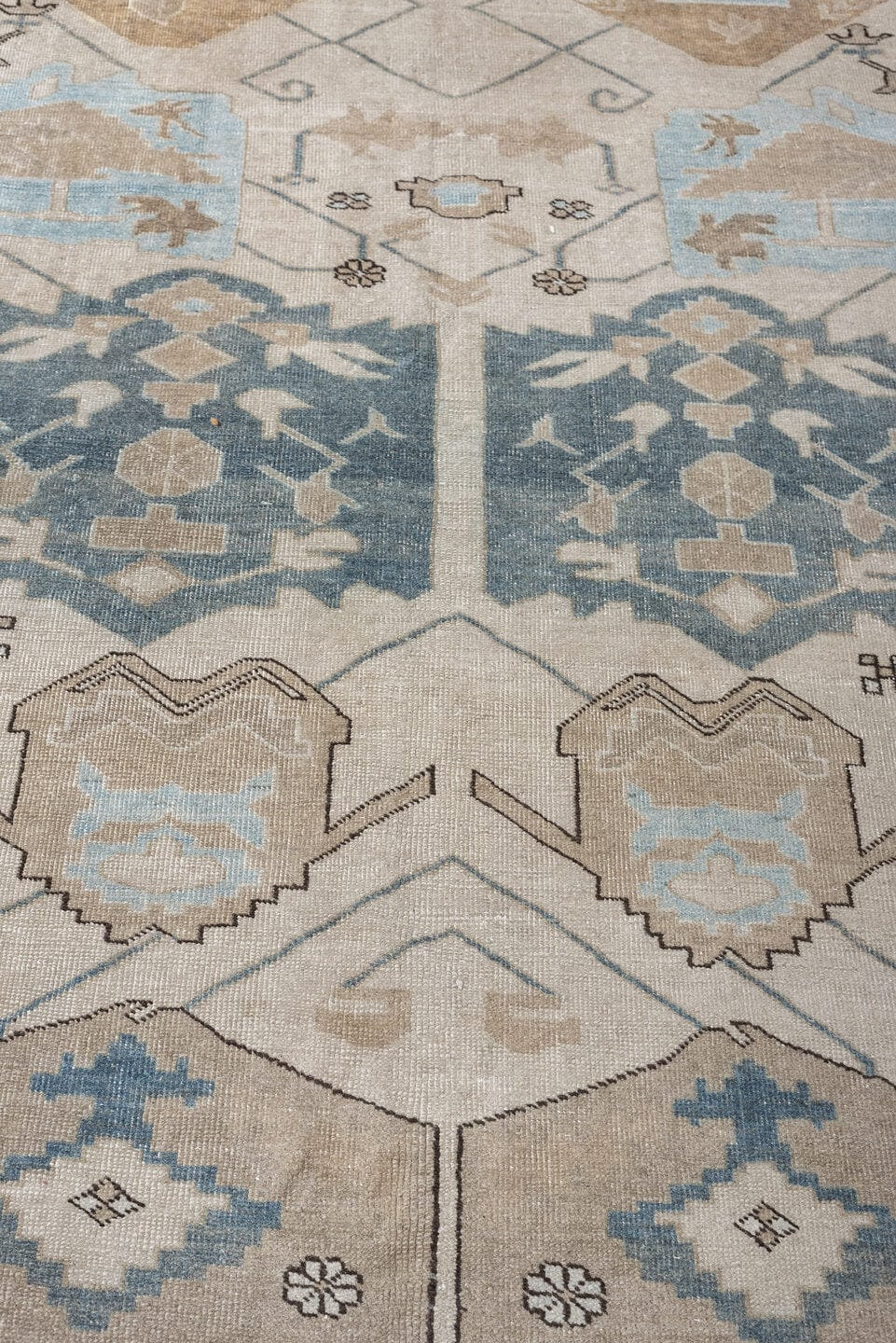 8' x 11' one-of-a-kind handmade antique Ardebil large size rug. Color palette: ivory, powder blue, taupe, muted teal, sand