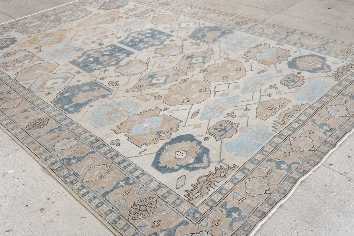 8' x 11' one-of-a-kind handmade antique Ardebil large size rug. Color palette: ivory, powder blue, taupe, muted teal, sand