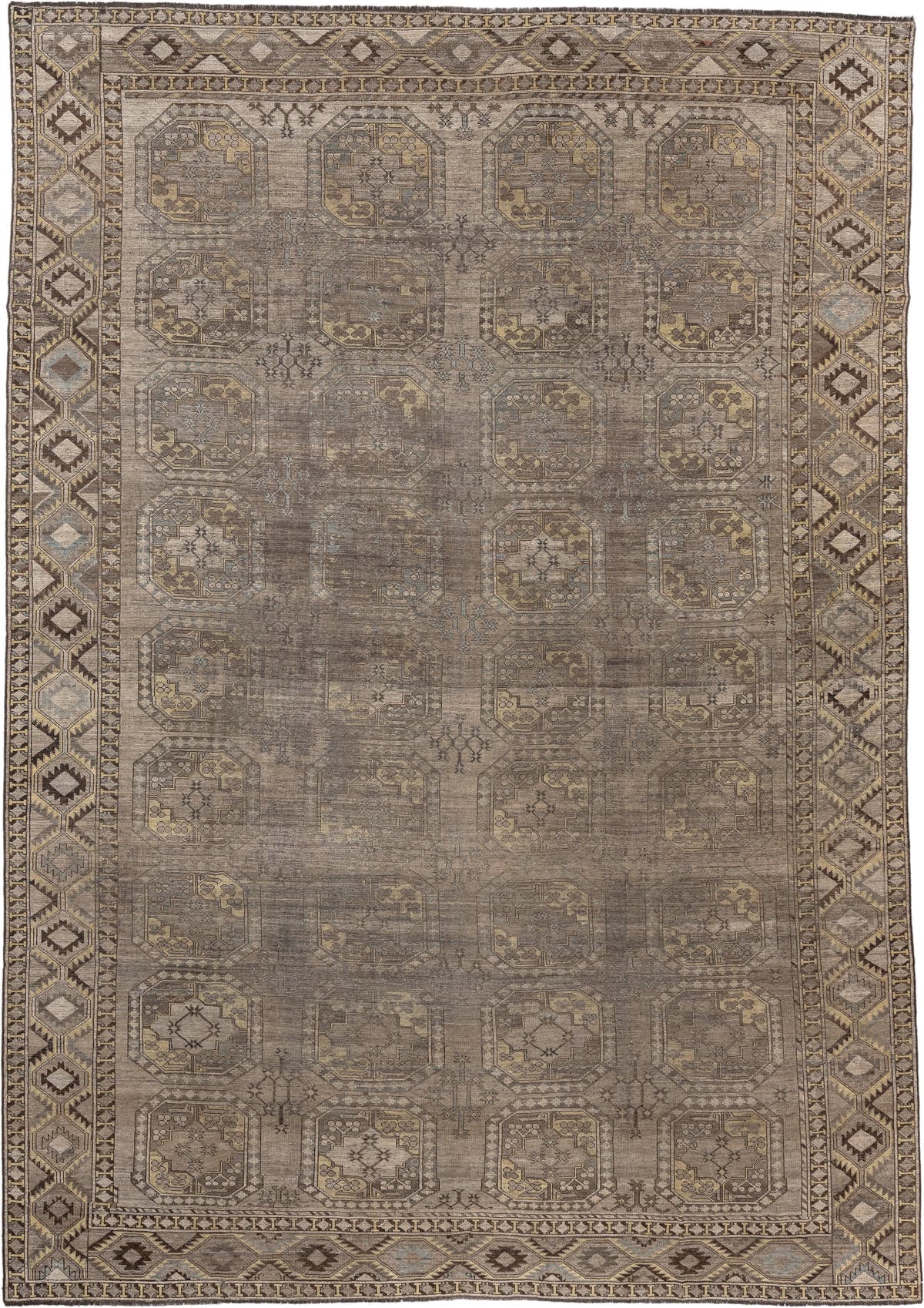 10' x 14' one-of-a-kind handmade antique Afshar rug. Color palette: taupe, camel, ivory, charcoal, blue gray, ochre, ebony