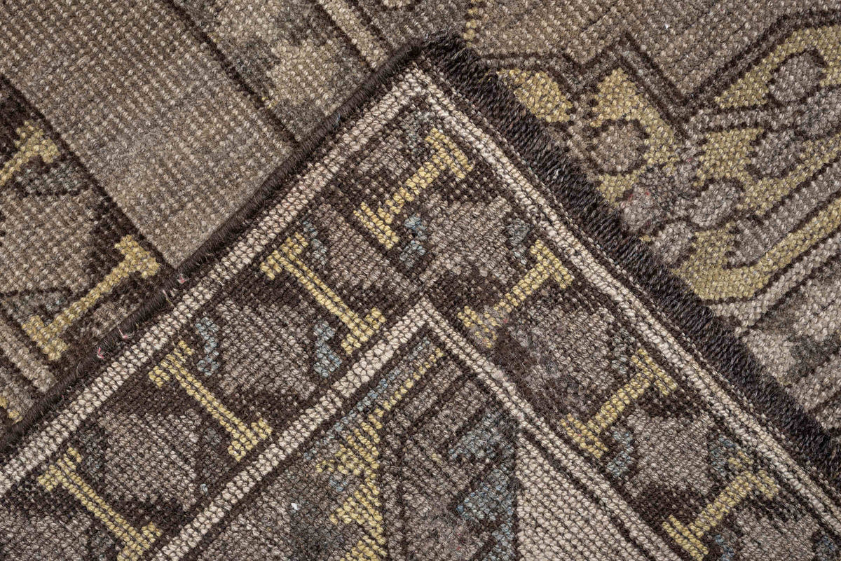 10' x 14' one-of-a-kind handmade antique Afshar rug. Color palette: taupe, camel, ivory, charcoal, blue gray, ochre, ebony