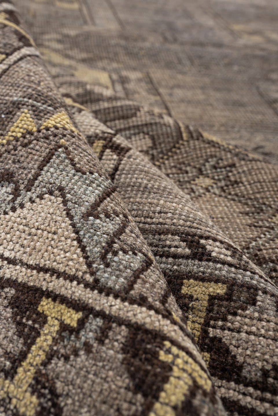 10' x 14' one-of-a-kind handmade antique Afshar rug. Color palette: taupe, camel, ivory, charcoal, blue gray, ochre, ebony