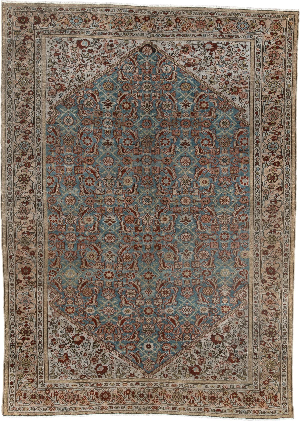 4' x 6' one-of-a-kind handmade antique Malayer rug. Color palette: ivory, sky blue, rust, camel, taupe, brown, sage