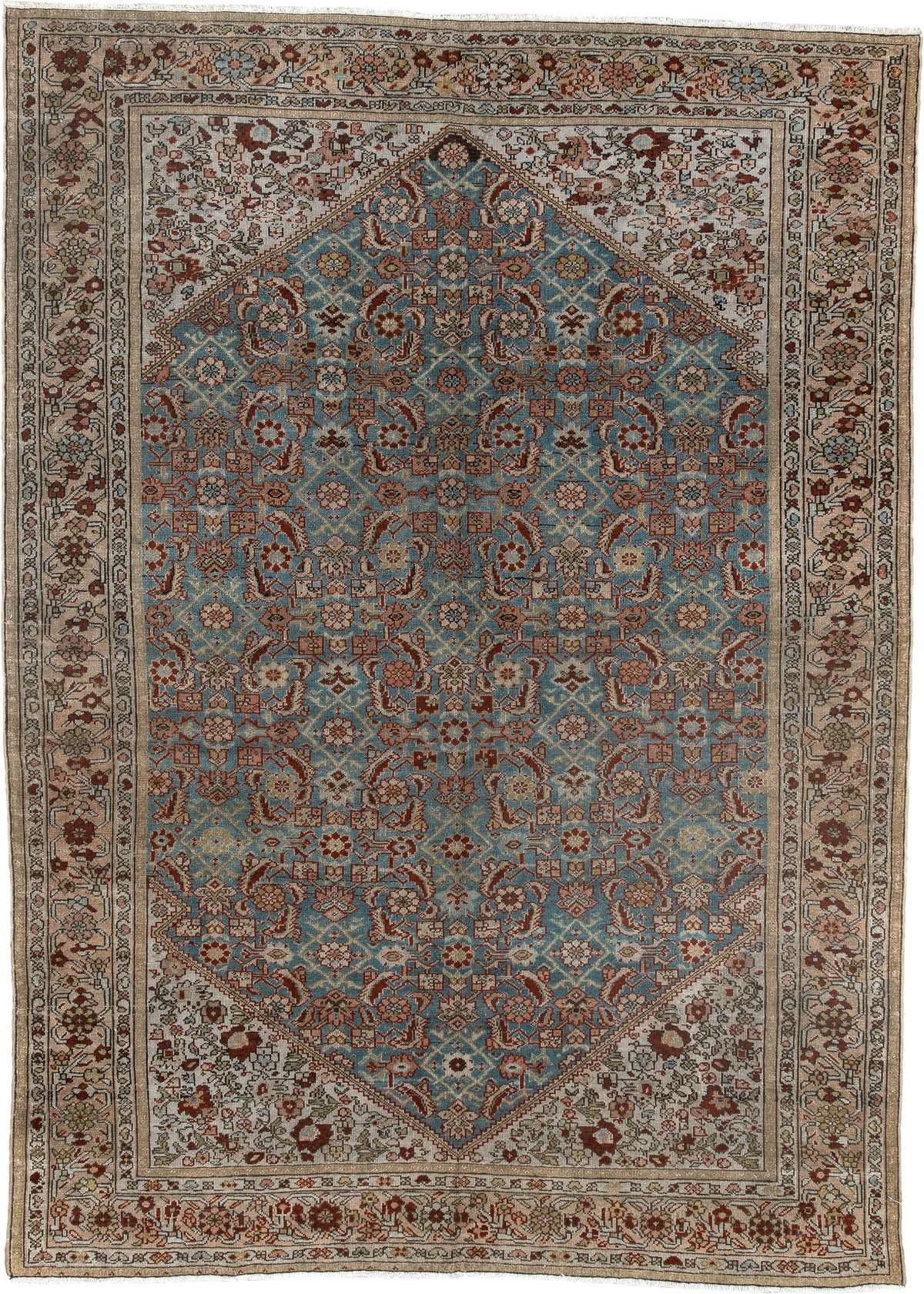 4' x 6' one-of-a-kind handmade antique Malayer rug. Color palette: ivory, sky blue, rust, camel, taupe, brown, sage