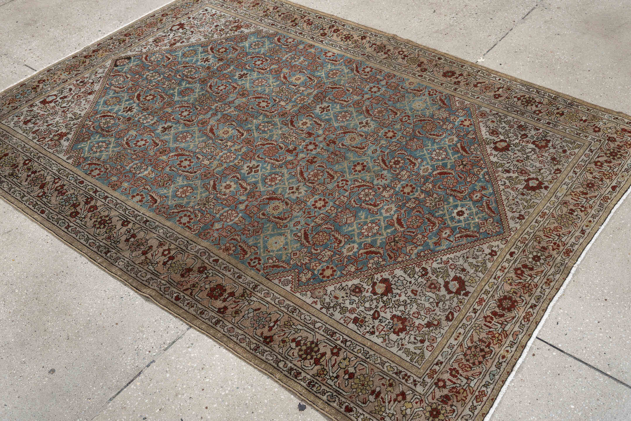 4' x 6' one-of-a-kind handmade antique Malayer rug. Color palette: ivory, sky blue, rust, camel, taupe, brown, sage