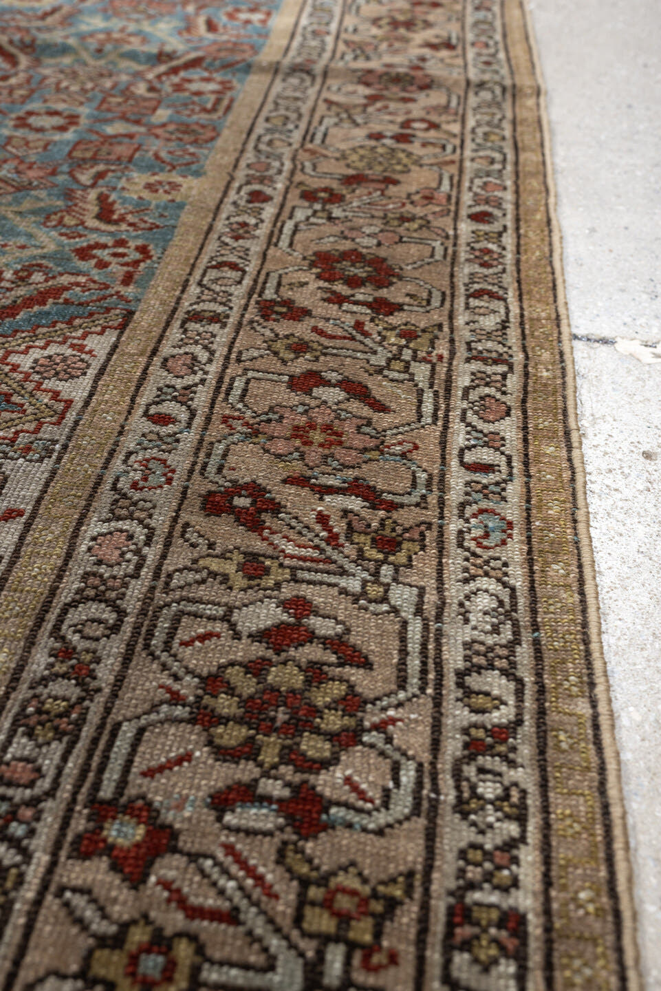 4' x 6' one-of-a-kind handmade antique Malayer rug. Color palette: ivory, sky blue, rust, camel, taupe, brown, sage