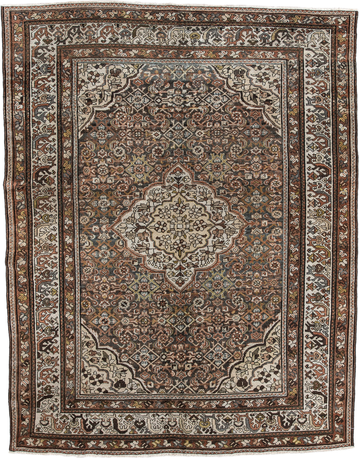 5' x 6' one-of-a-kind handmade antique Malayer rug. Color palette: ivory, rust, dark brown, indigo, slate blue, taupe, olive