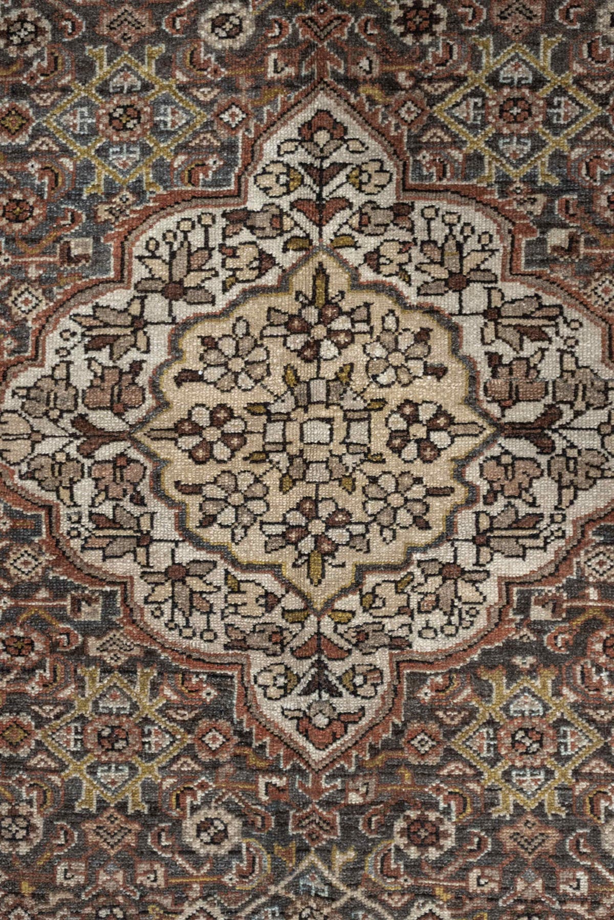5' x 6' one-of-a-kind handmade antique Malayer rug. Color palette: ivory, rust, dark brown, indigo, slate blue, taupe, olive