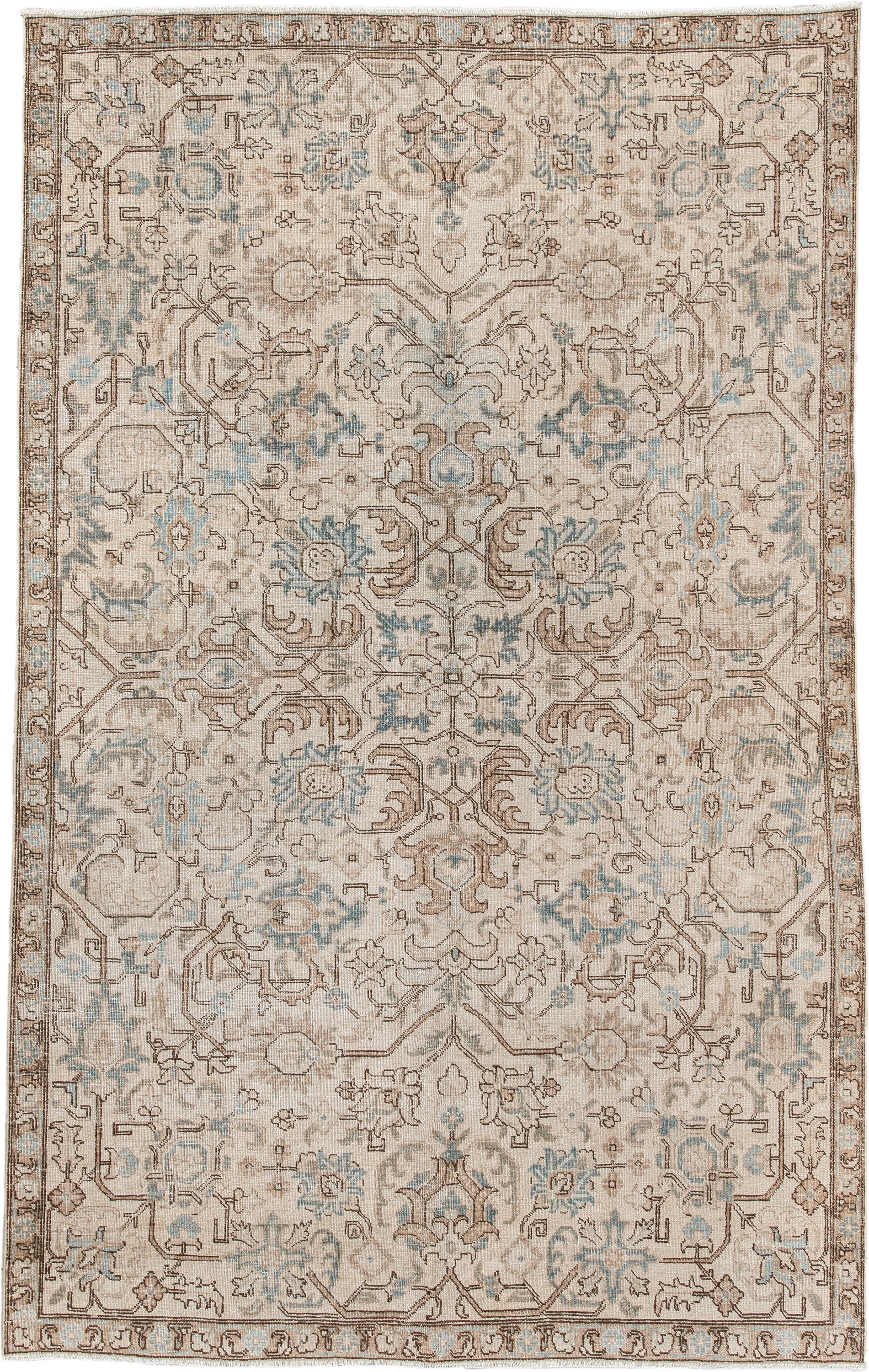 5' x 8' one-of-a-kind handmade antique Tabriz medium size rug. Color palette: ivory, taupe, pale blue, camel, light brown