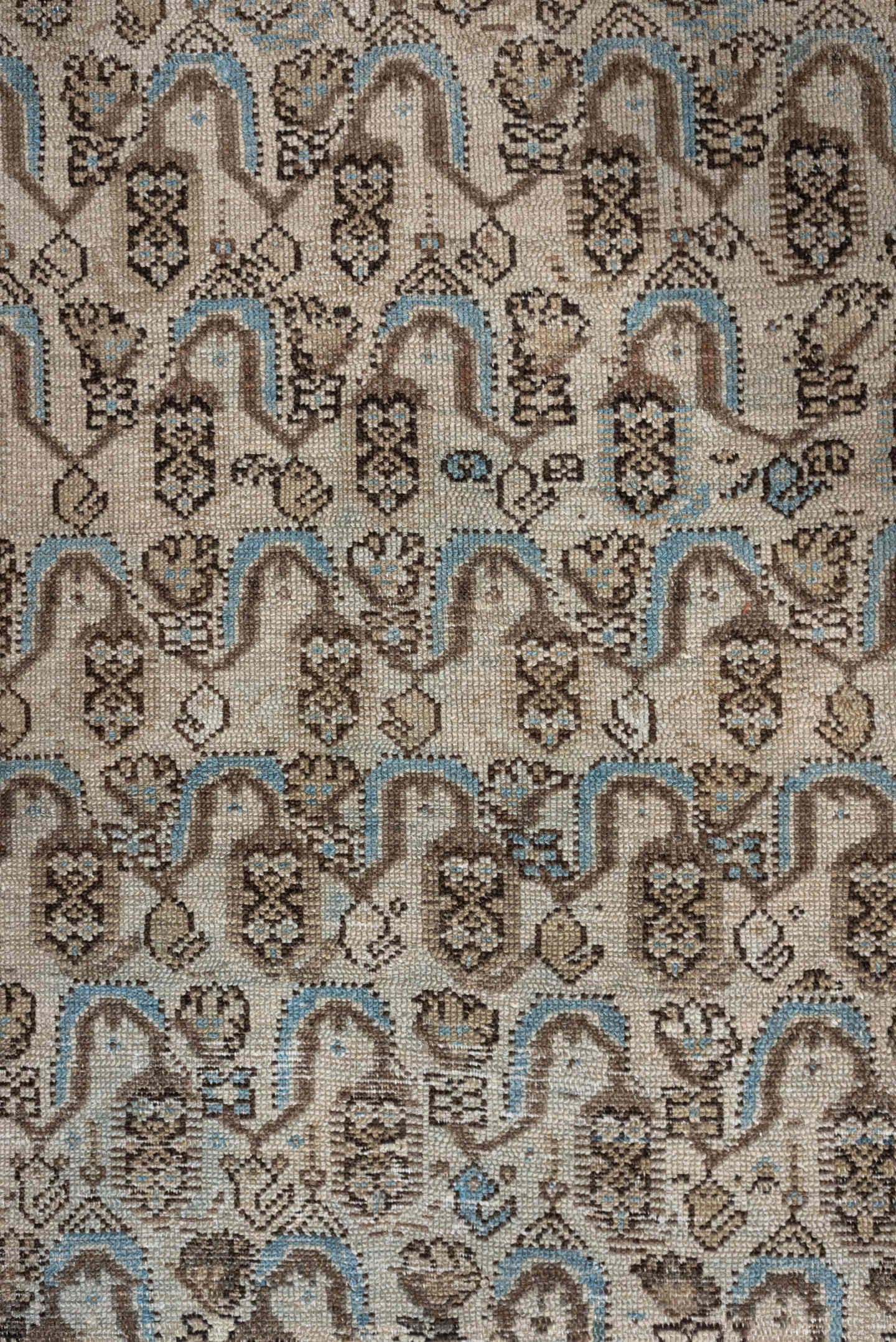 4' x 8' one-of-a-kind handmade antique Malayer medium size rug. Color palette: ivory, taupe, brown, sky blue, camel, rust