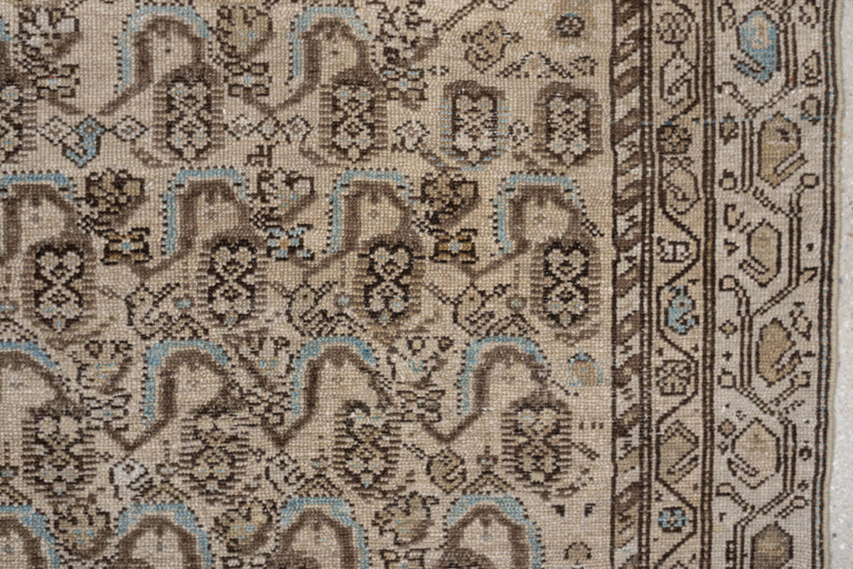 4' x 8' one-of-a-kind handmade antique Malayer medium size rug. Color palette: ivory, taupe, brown, sky blue, camel, rust