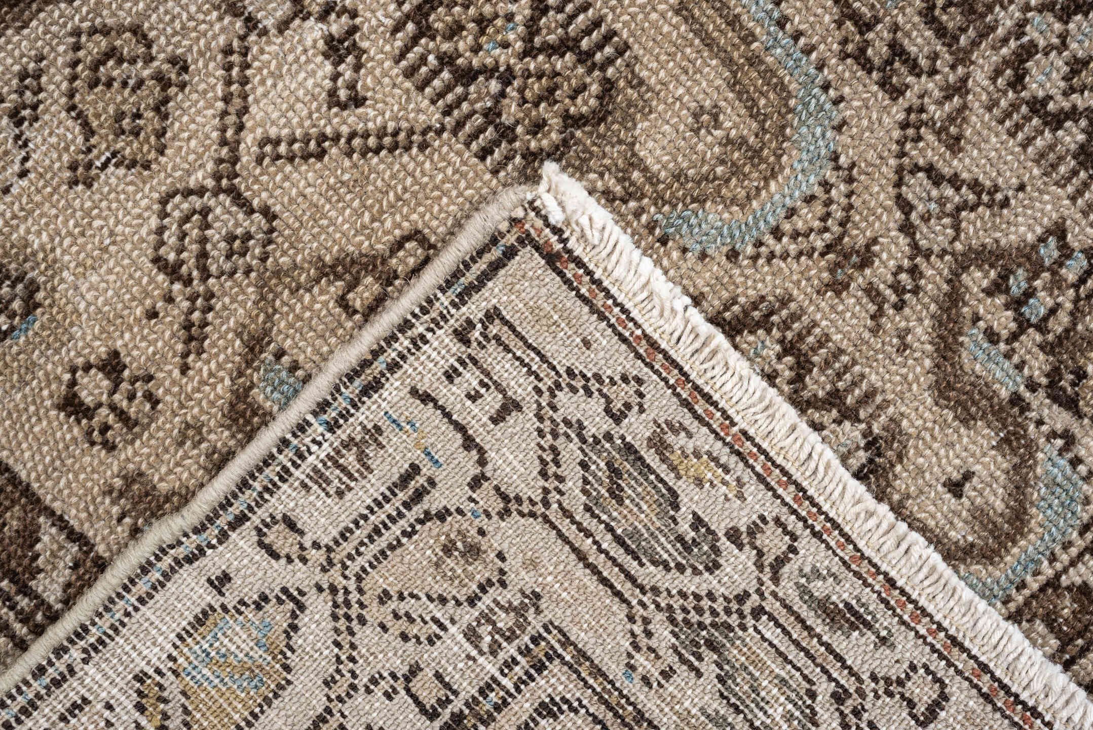 4' x 8' one-of-a-kind handmade antique Malayer medium size rug. Color palette: ivory, taupe, brown, sky blue, camel, rust