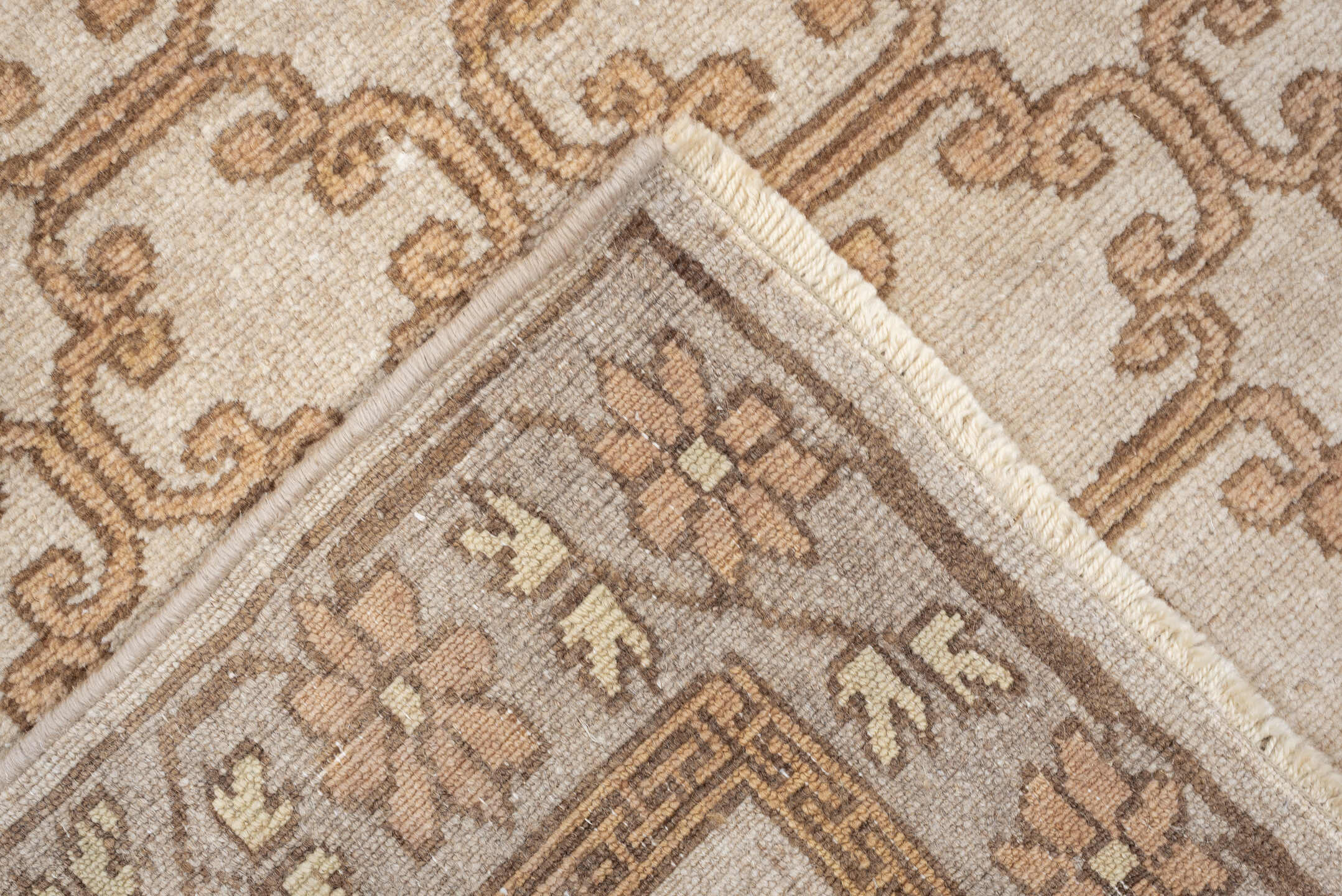 2' x 10' one-of-a-kind handmade antique Khotan runner rug. Color palette: ivory, taupe, beige, pale peach, camel, gray