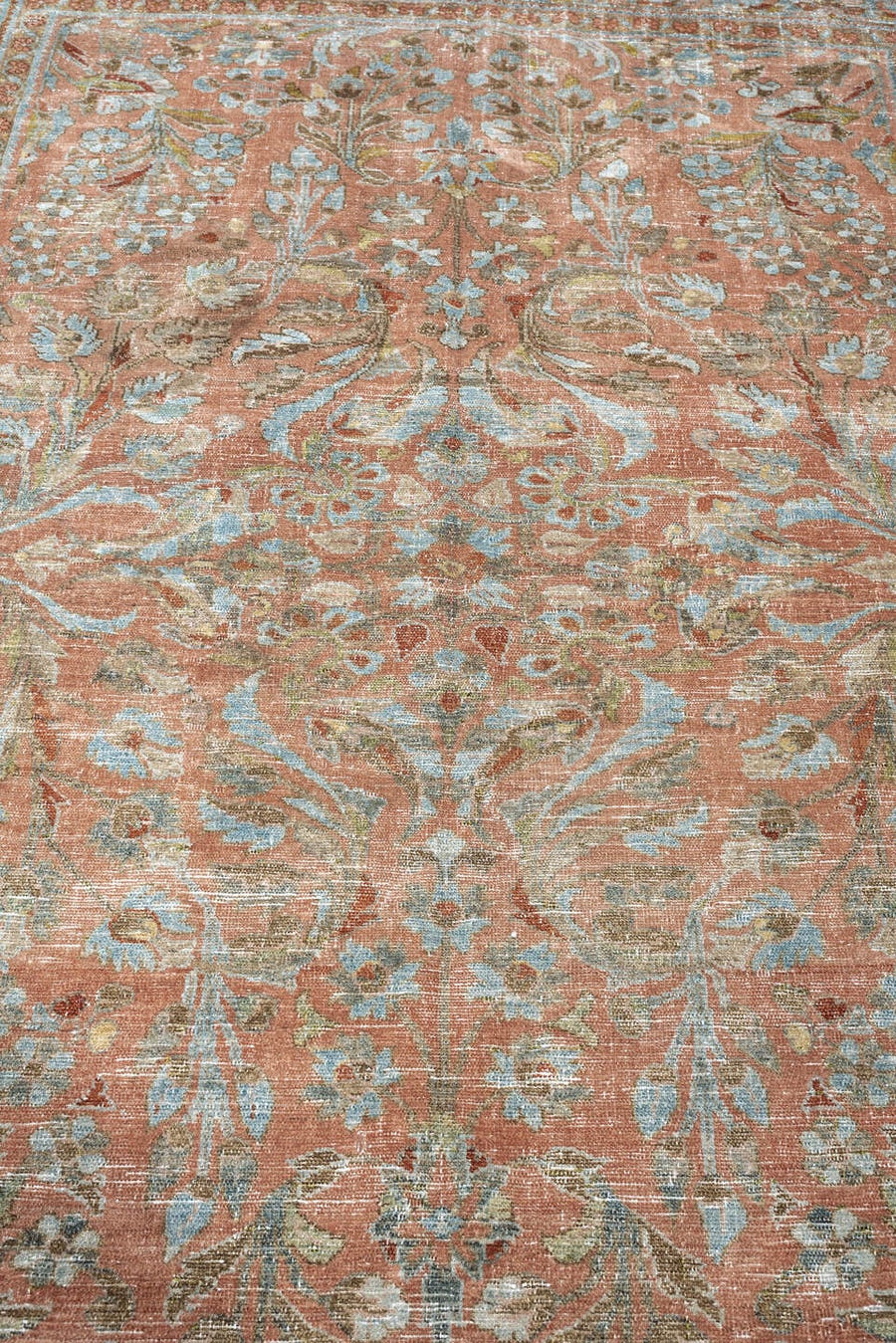 8' x 11' one-of-a-kind handmade antique Afghan large size rug. Color palette: terracotta, aqua, ivory, taupe, brown, sage