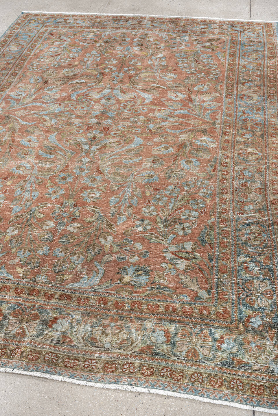 8' x 11' one-of-a-kind handmade antique Afghan large size rug. Color palette: terracotta, aqua, ivory, taupe, brown, sage