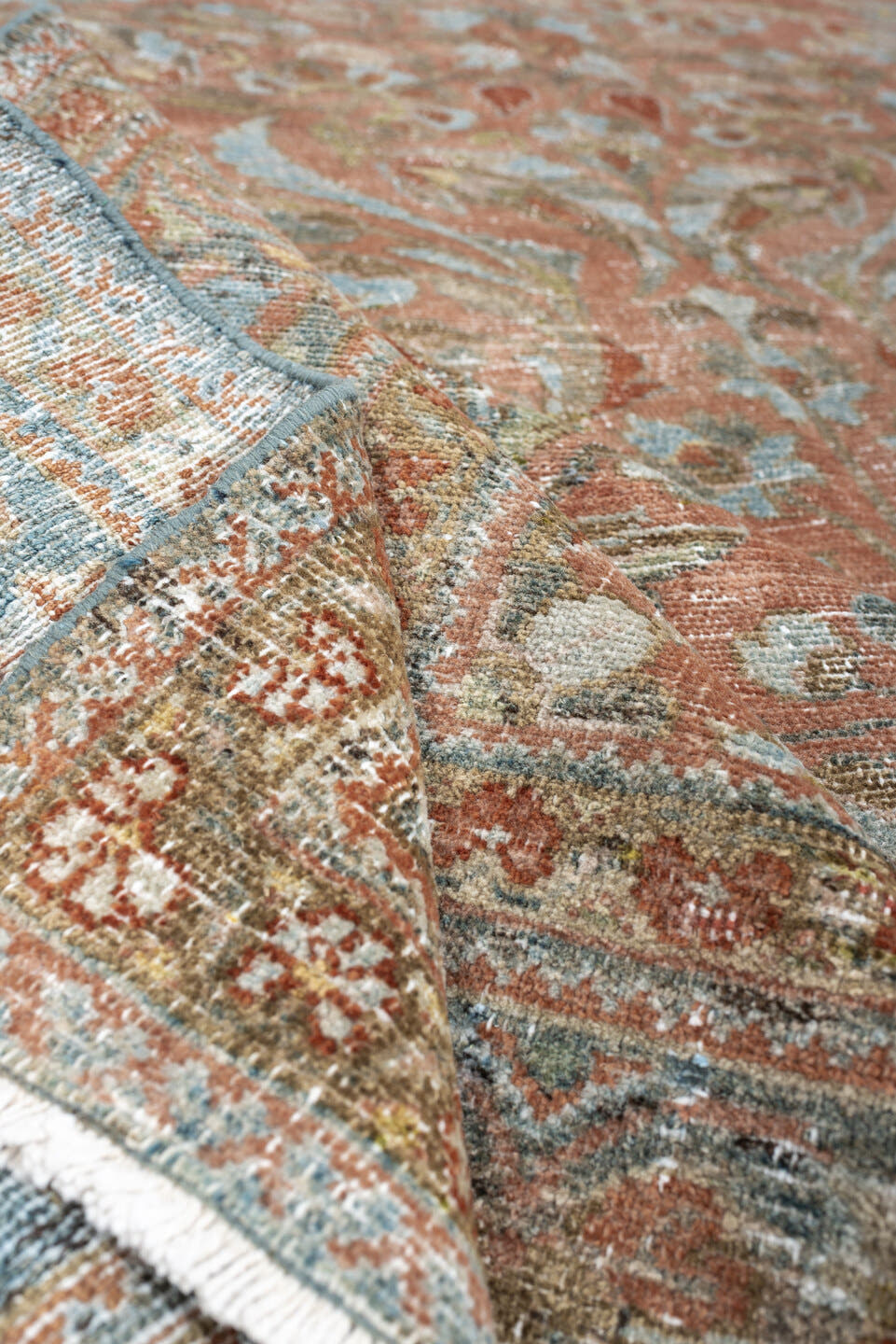 8' x 11' one-of-a-kind handmade antique Afghan large size rug. Color palette: terracotta, aqua, ivory, taupe, brown, sage