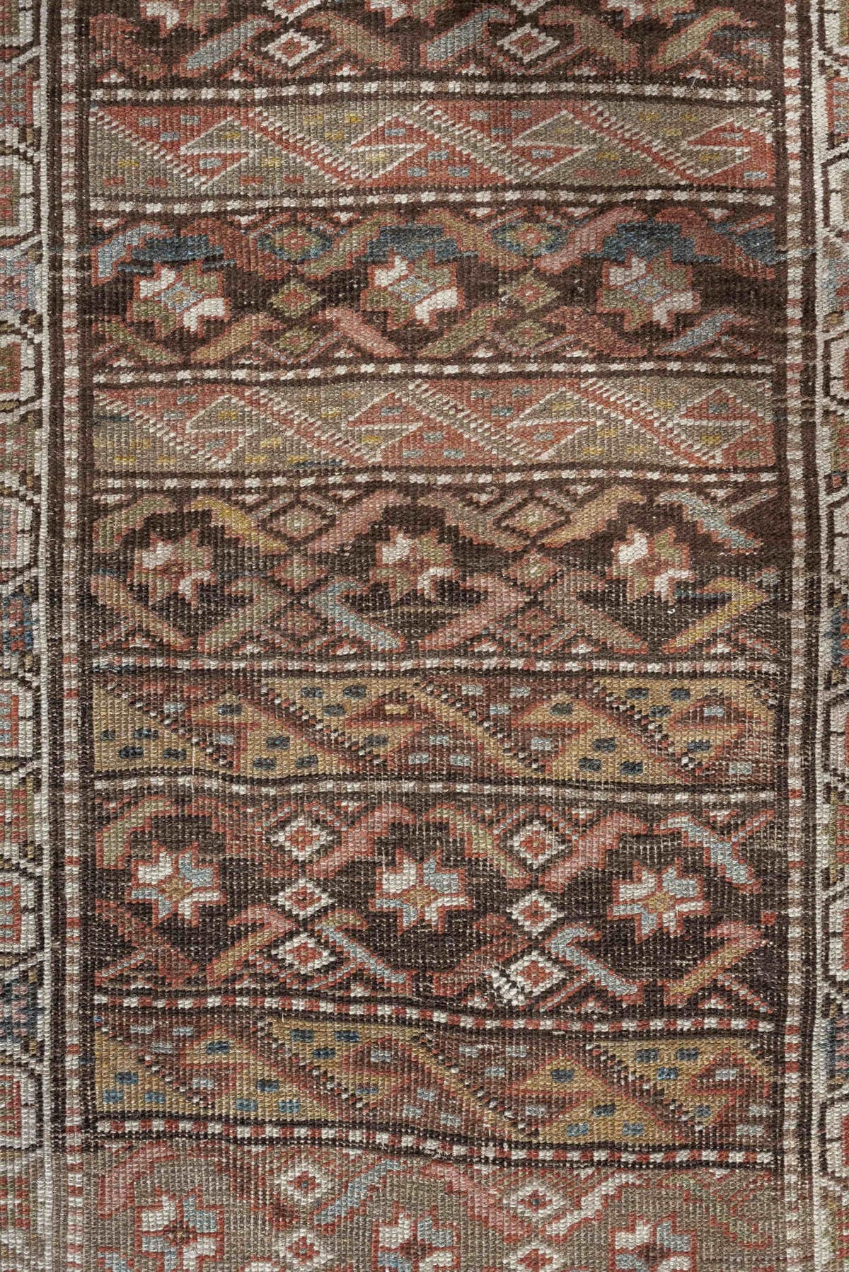 2' x 9' one-of-a-kind handmade antique Bidjar runner rug. Color palette: brown, ivory, rust, sky blue, taupe, camel