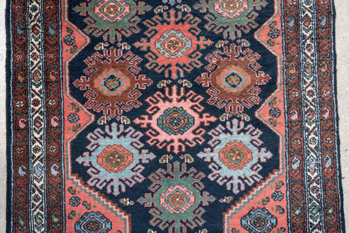 3' x 9' one-of-a-kind handmade antique Malayer runner rug. Color palette: navy, coral, ivory, rust, teal, sage, ochre