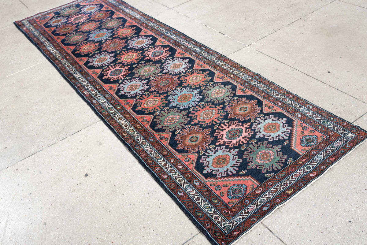 3' x 9' one-of-a-kind handmade antique Malayer runner rug. Color palette: navy, coral, ivory, rust, teal, sage, ochre