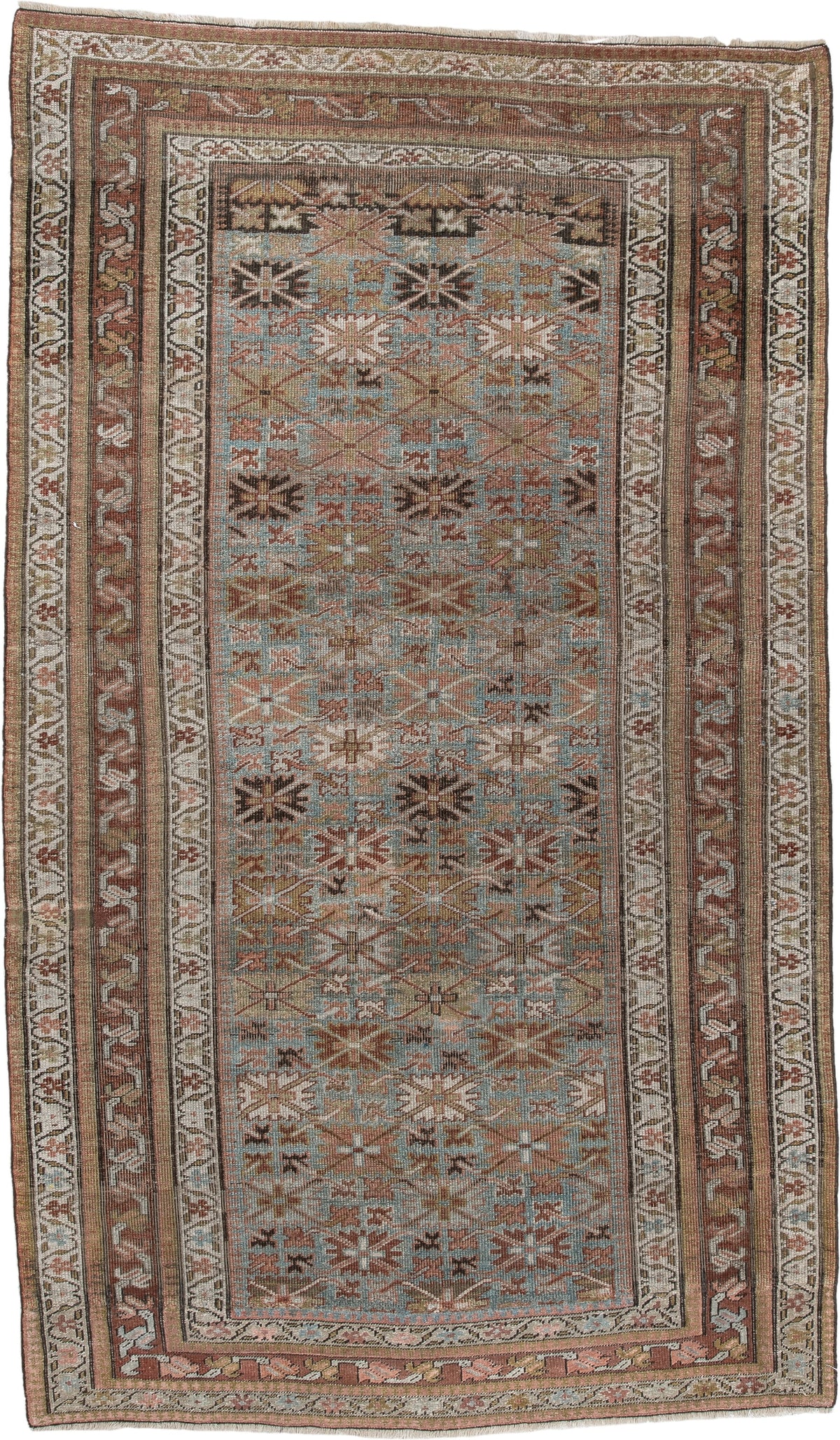 4' x 7' one-of-a-kind handmade antique Bidjar rug. Color palette: pale blue, rust, ivory, camel, taupe, brown, charcoal