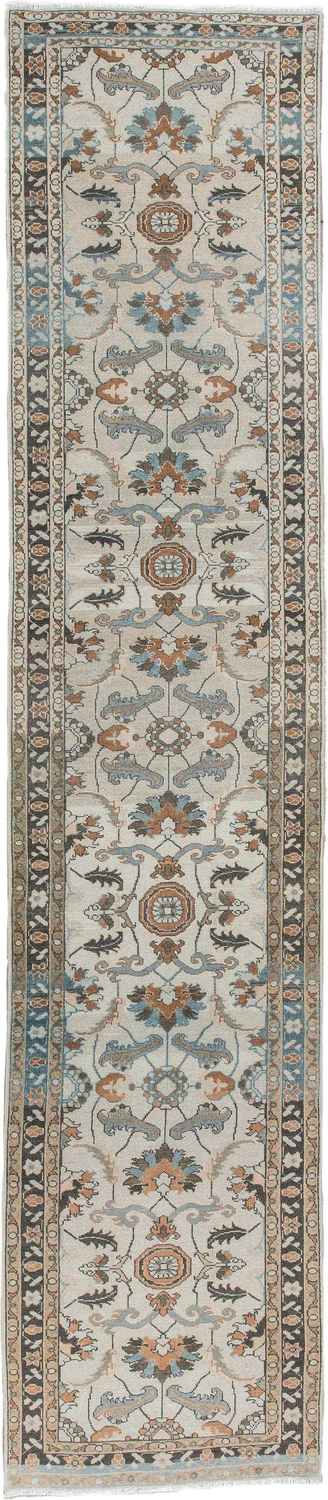2' x 13' one-of-a-kind handmade antique Tabriz runner rug. Color palette: ivory, sky blue, camel, charcoal, taupe, slate