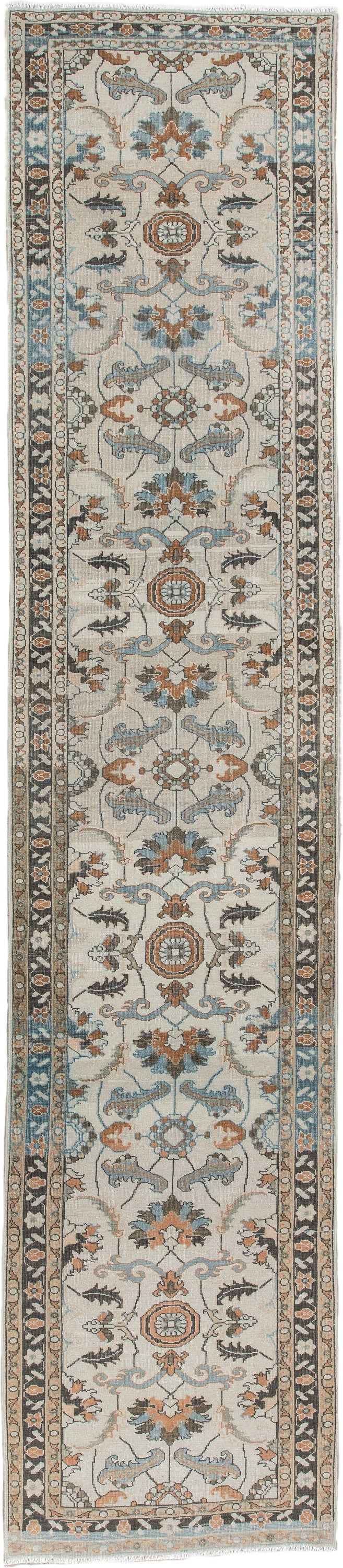 2' x 13' one-of-a-kind handmade antique Tabriz runner rug. Color palette: ivory, sky blue, camel, charcoal, taupe, slate