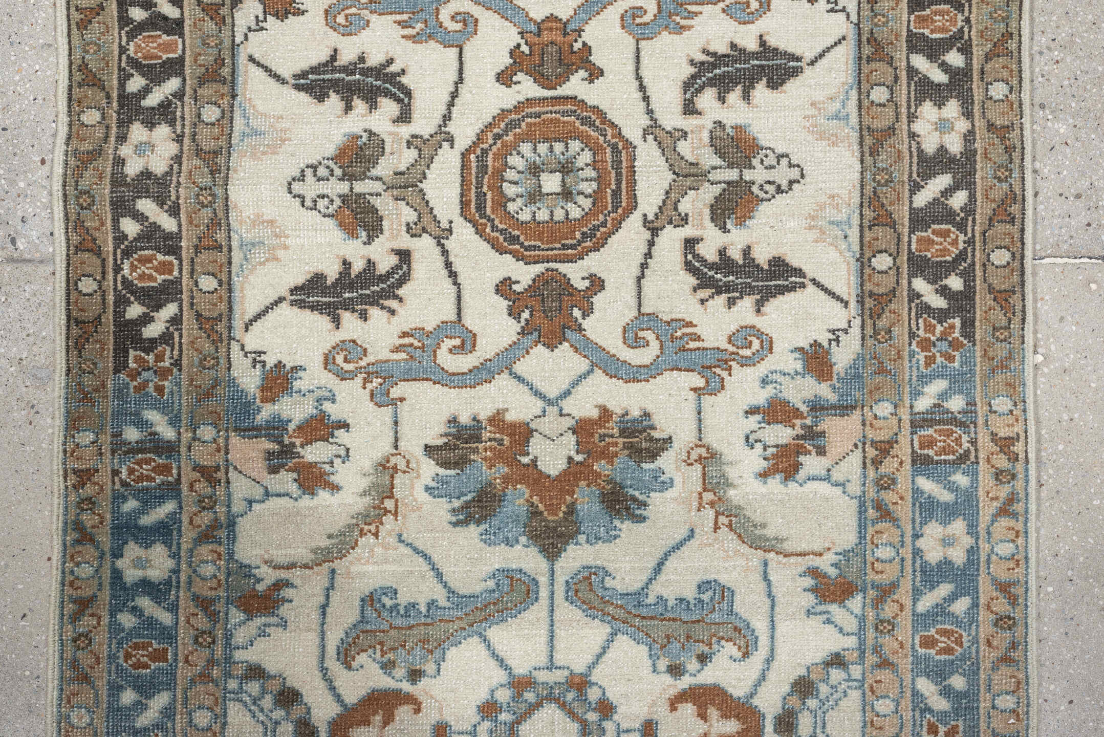 2' x 13' one-of-a-kind handmade antique Tabriz runner rug. Color palette: ivory, sky blue, camel, charcoal, taupe, slate