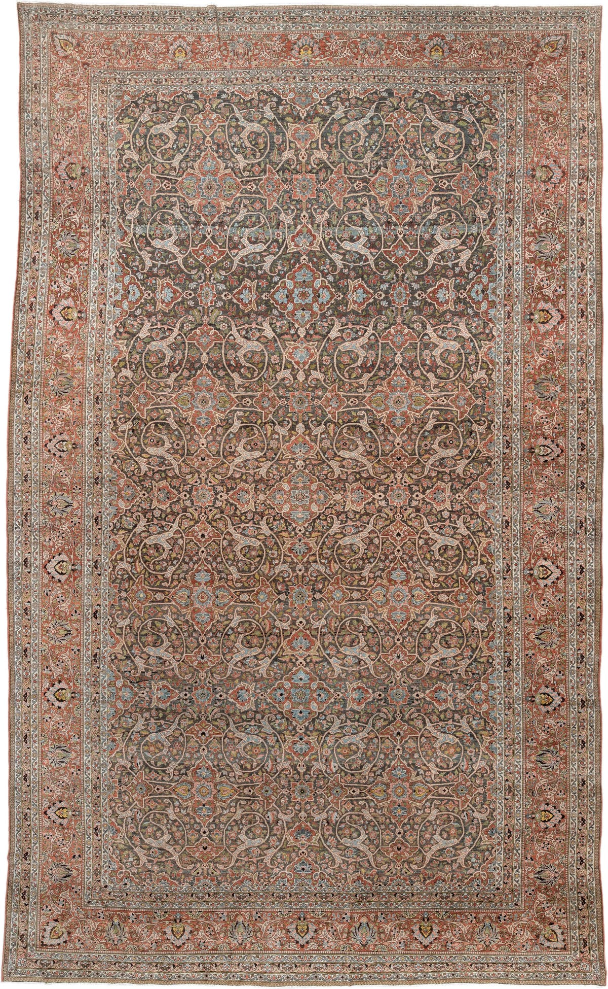 22' x 13' one-of-a-kind handmade antique Baktiary oversize rug. Color palette: charcoal, terracotta, ivory, teal, sage, gold