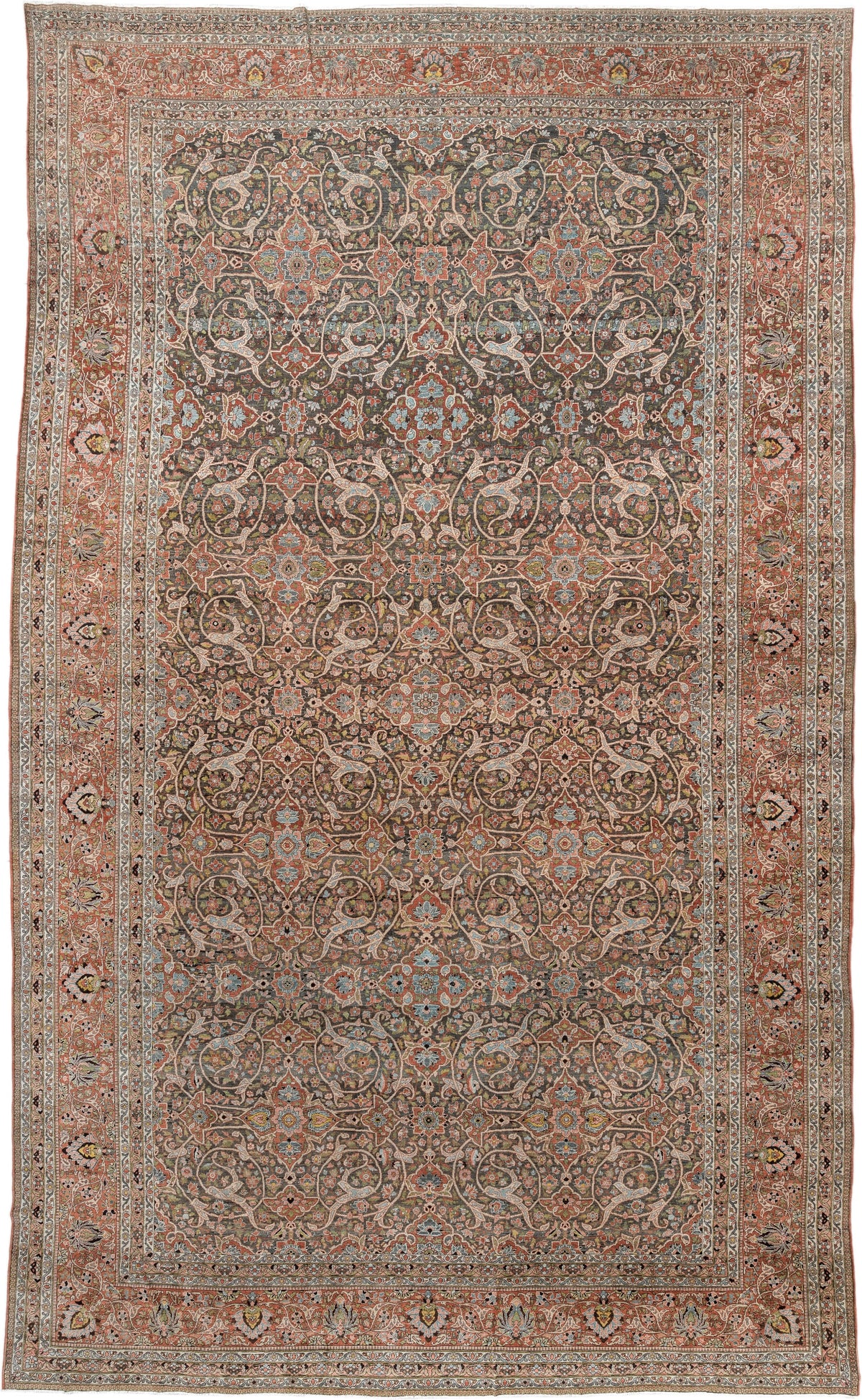 22' x 13' one-of-a-kind handmade antique Baktiary oversize rug. Color palette: charcoal, terracotta, ivory, teal, sage, gold