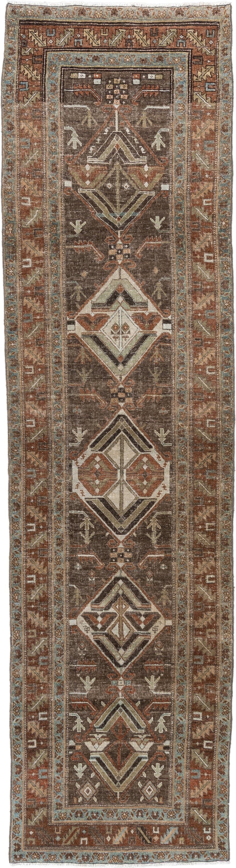 2' x 10' one-of-a-kind handmade antique Saraband runner rug. Color palette: charcoal, rust, ivory, camel, muted teal, taupe