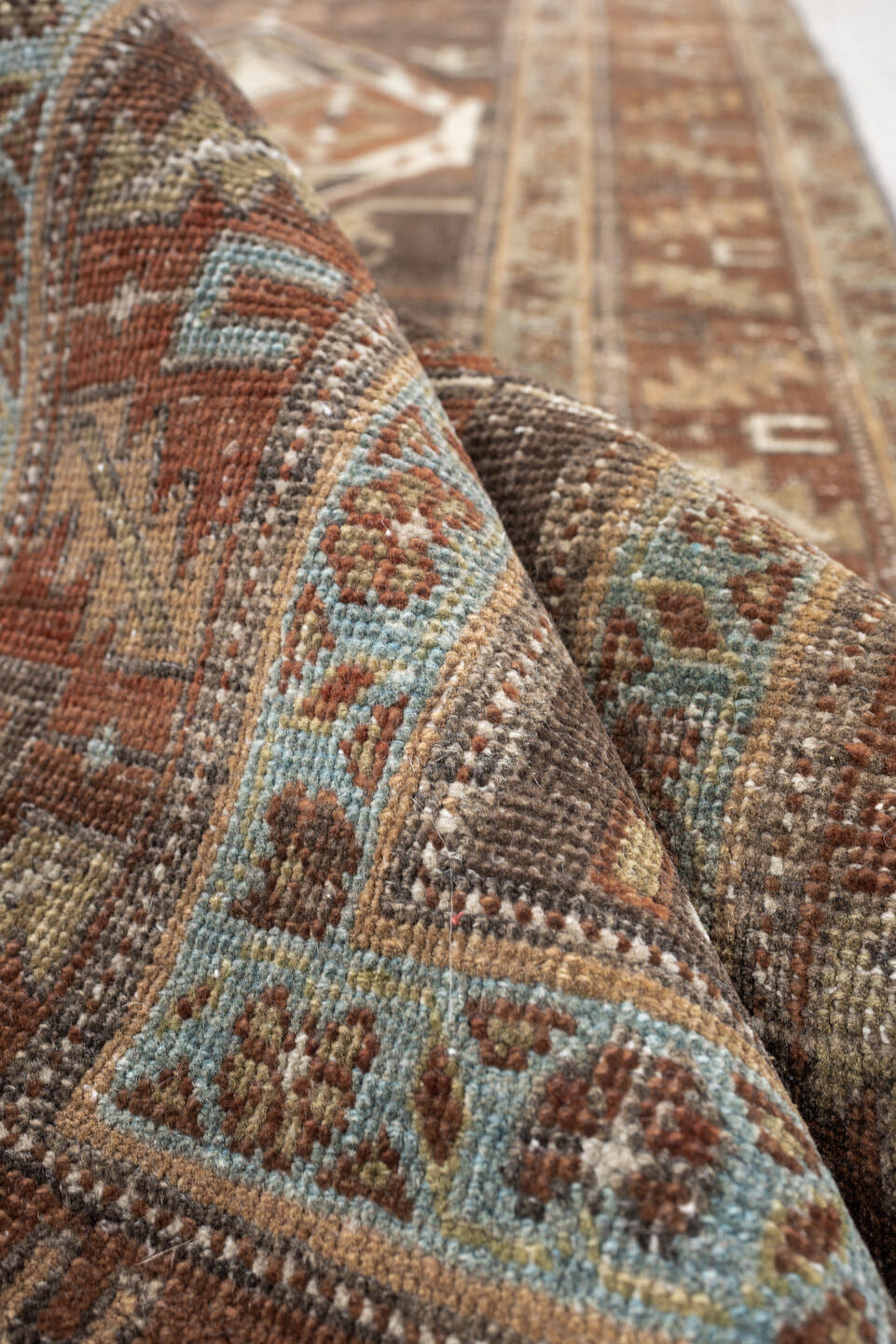 2' x 10' one-of-a-kind handmade antique Saraband runner rug. Color palette: charcoal, rust, ivory, camel, muted teal, taupe