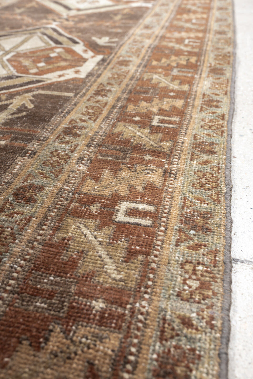 2' x 10' one-of-a-kind handmade antique Saraband runner rug. Color palette: charcoal, rust, ivory, camel, muted teal, taupe