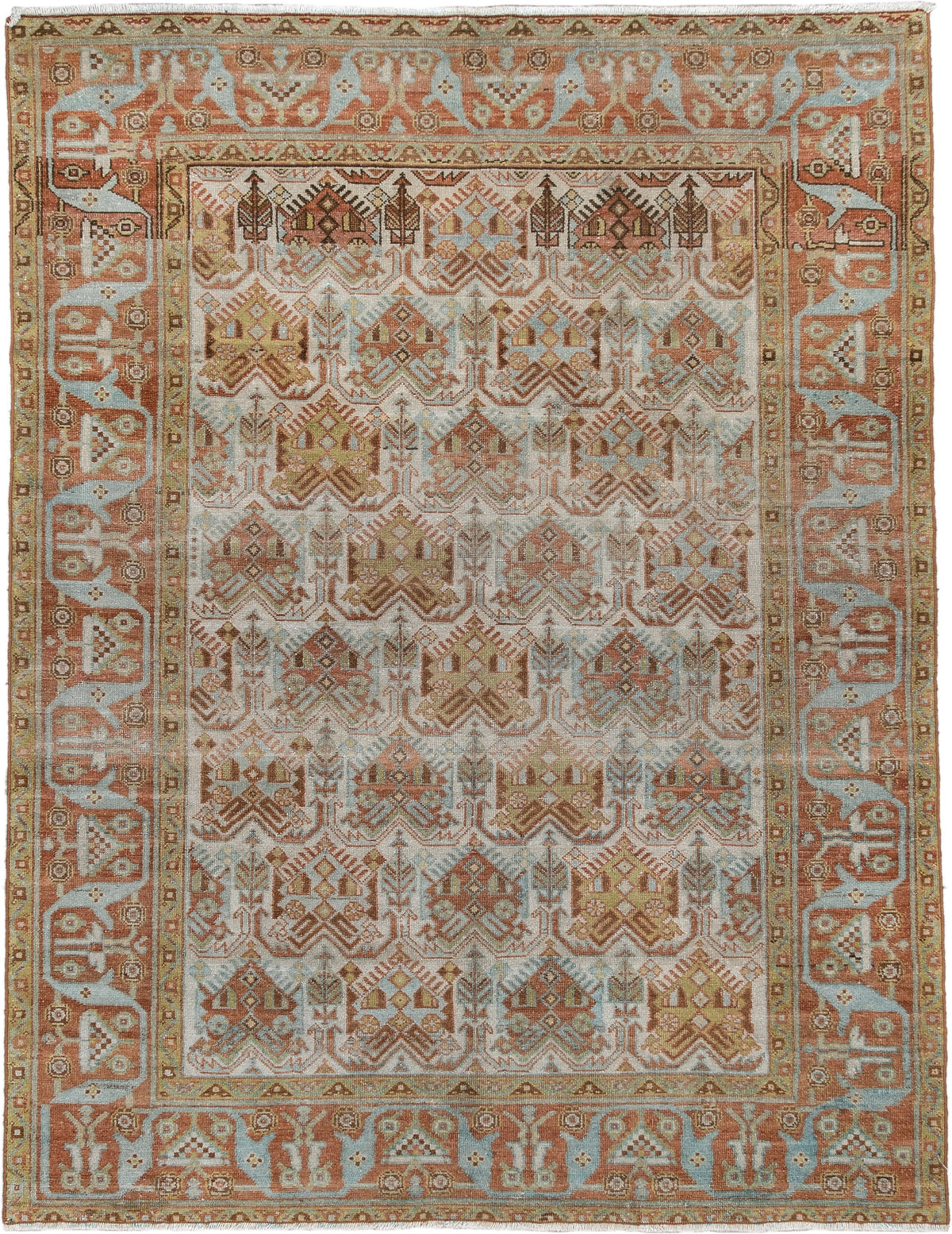 4' x 5' one-of-a-kind handmade antique Afshar small size rug. Color palette: ivory, terra cotta, pale blue, camel, taupe