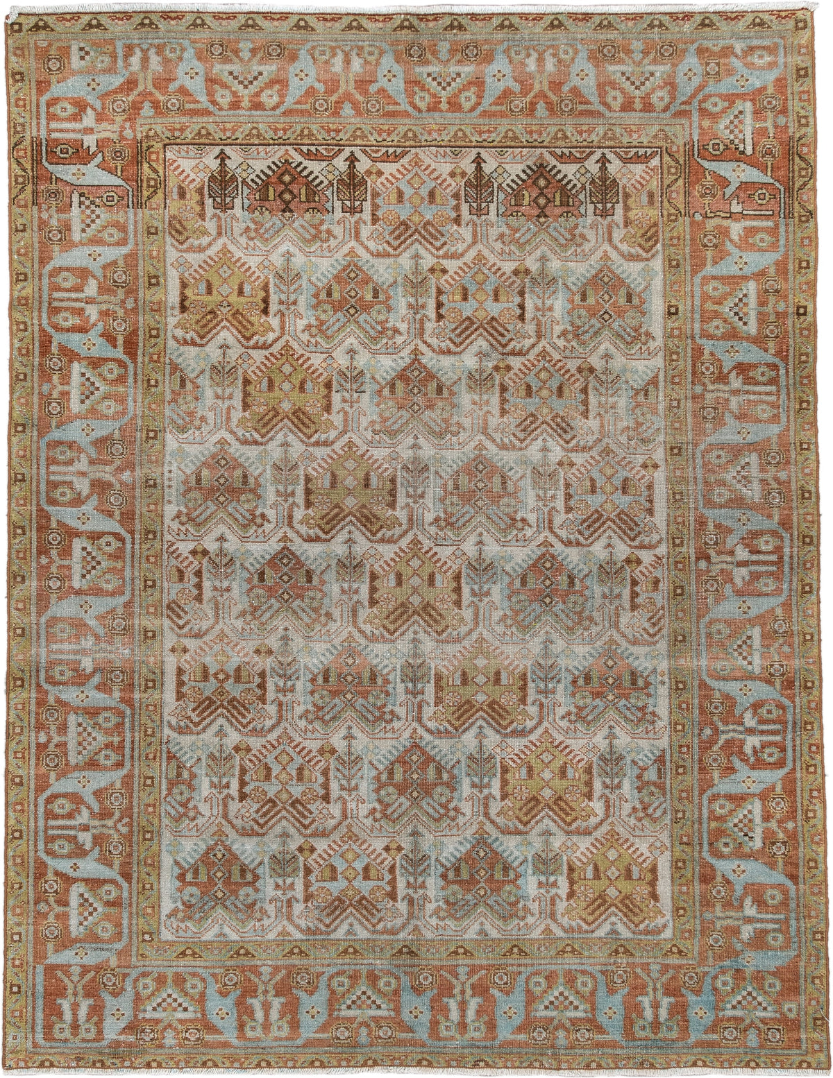 4' x 5' one-of-a-kind handmade antique Afshar small size rug. Color palette: ivory, terra cotta, pale blue, camel, taupe
