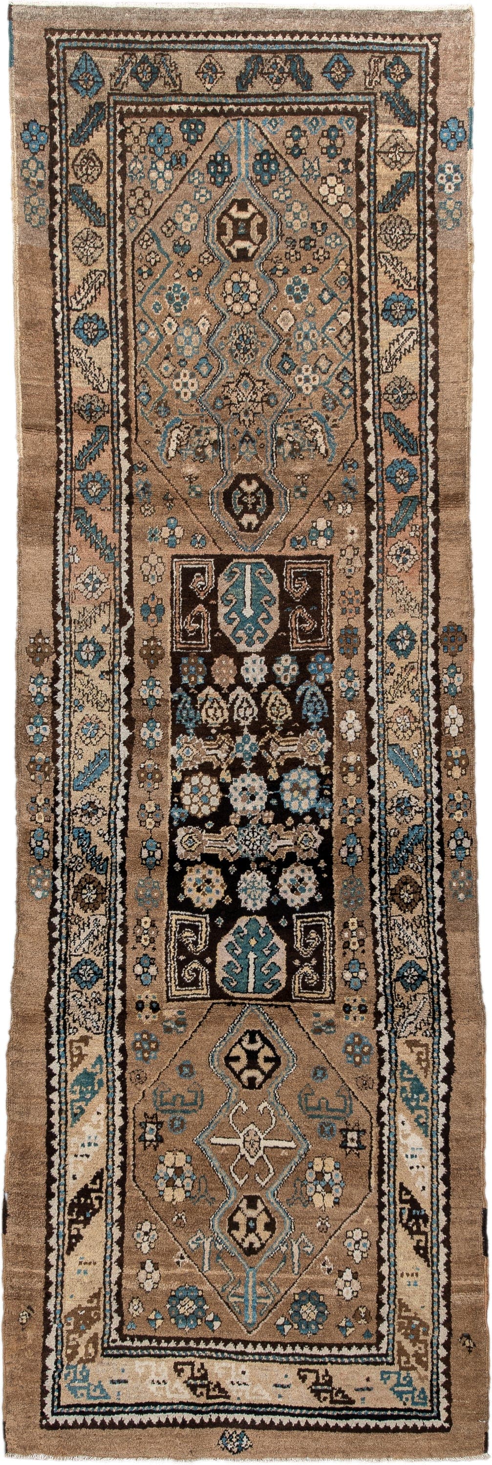 2' x 8' one-of-a-kind handmade antique Sarab runner rug. Color palette: camel, taupe, ivory, brown, sky blue, charcoal