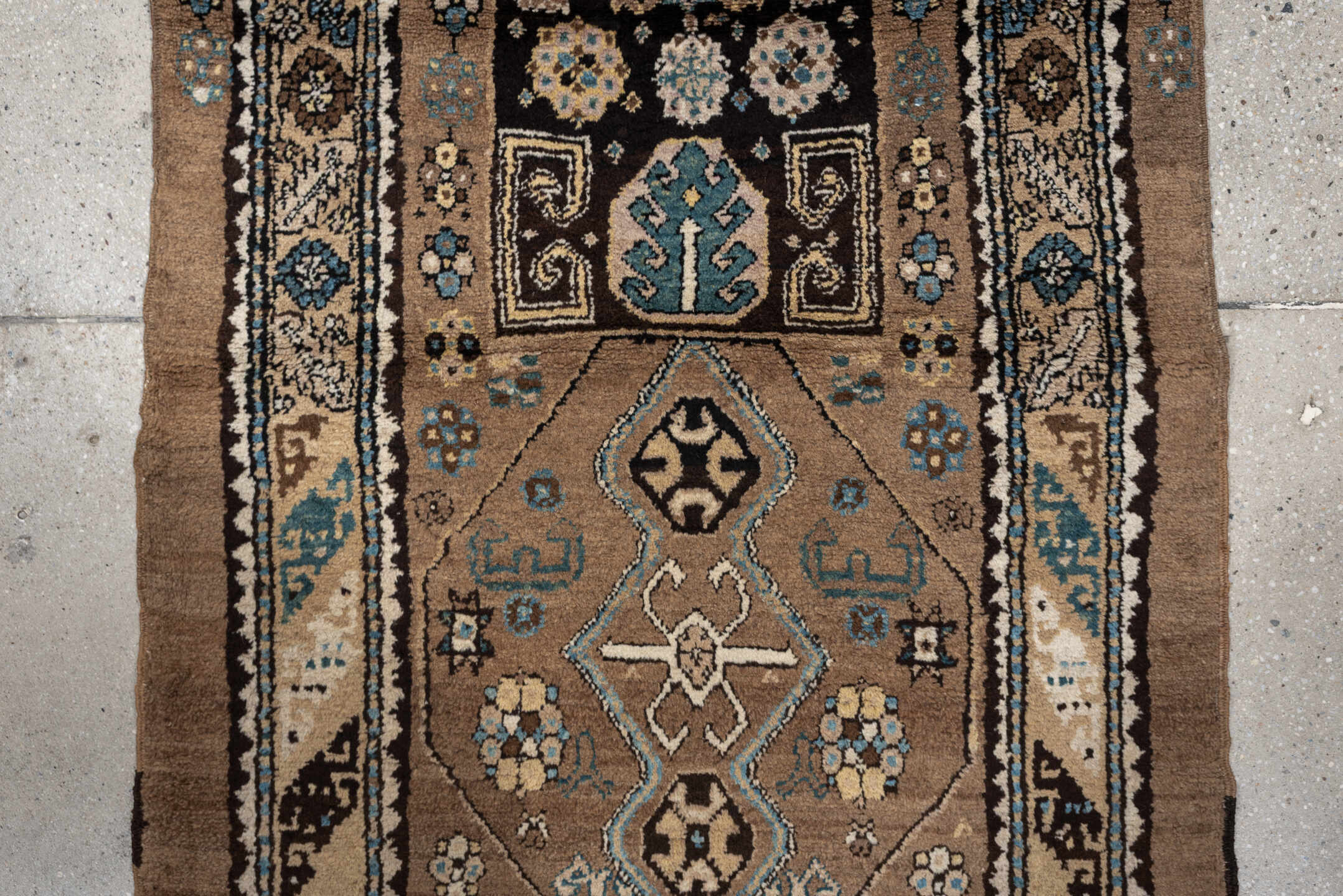 2' x 8' one-of-a-kind handmade antique Sarab runner rug. Color palette: camel, taupe, ivory, brown, sky blue, charcoal