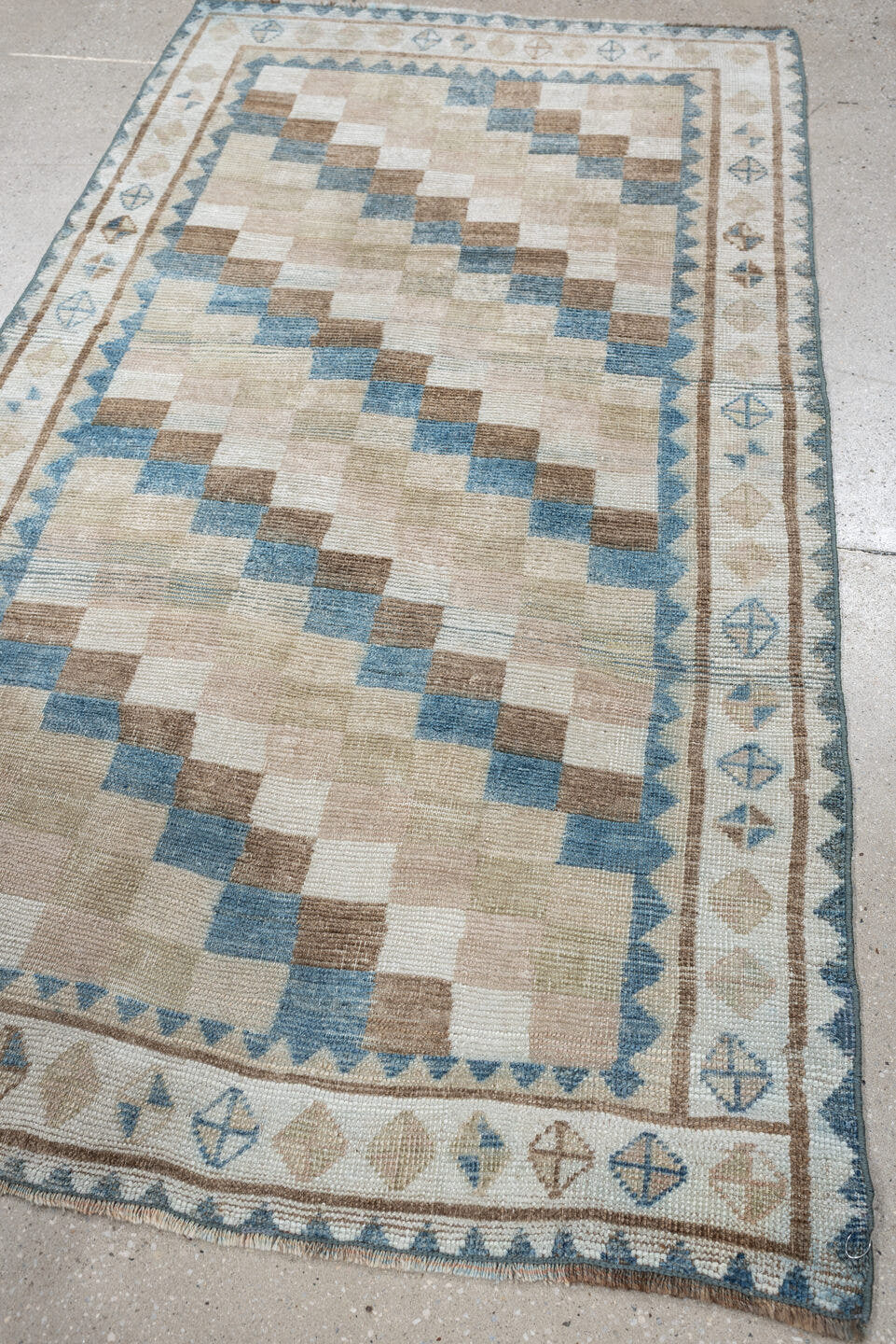 3' x 6' one-of-a-kind handmade antique Gabbe small size rug. Color palette: ivory, camel, sky blue, taupe, beige, sand