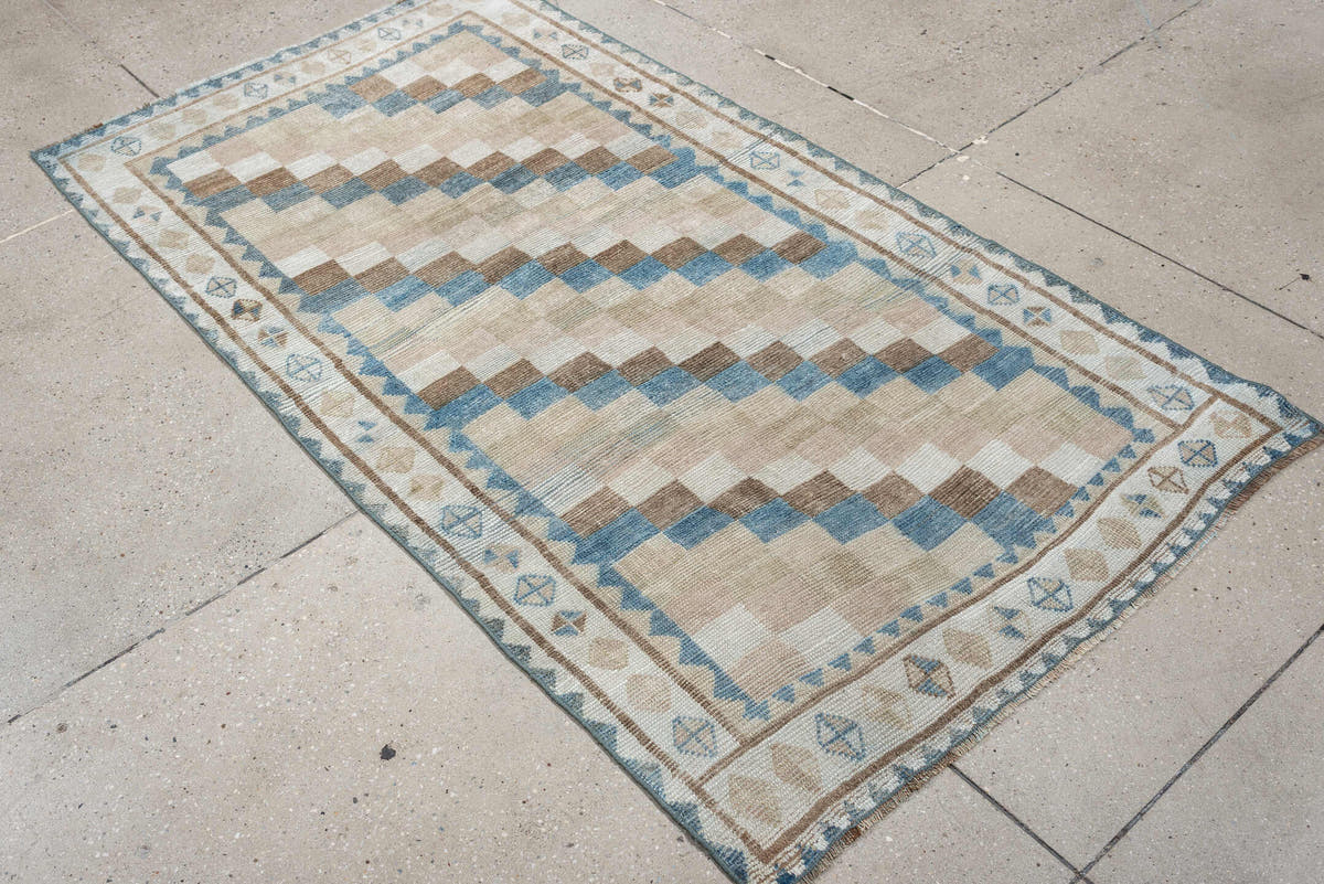 3' x 6' one-of-a-kind handmade antique Gabbe small size rug. Color palette: ivory, camel, sky blue, taupe, beige, sand